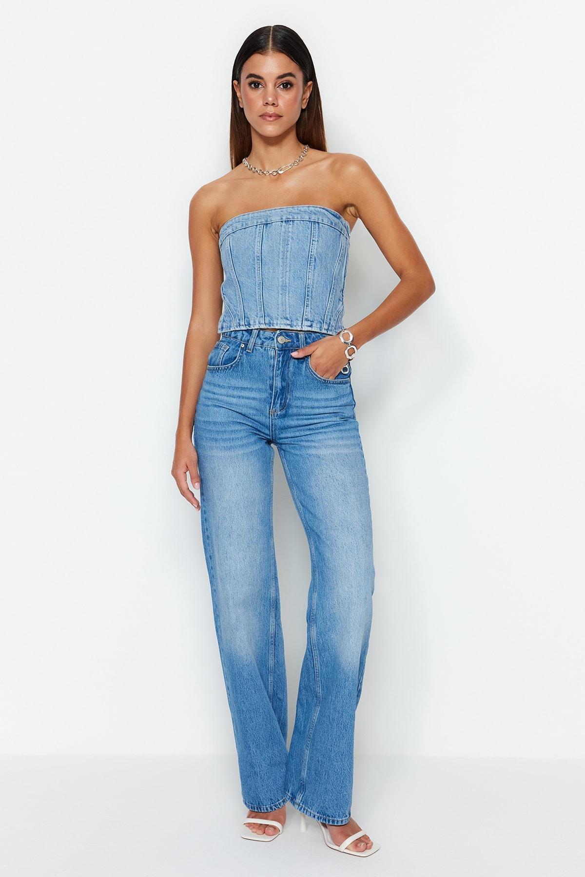 Blue  High-Waist Wide Leg Jeans, Blue, large image number 8
