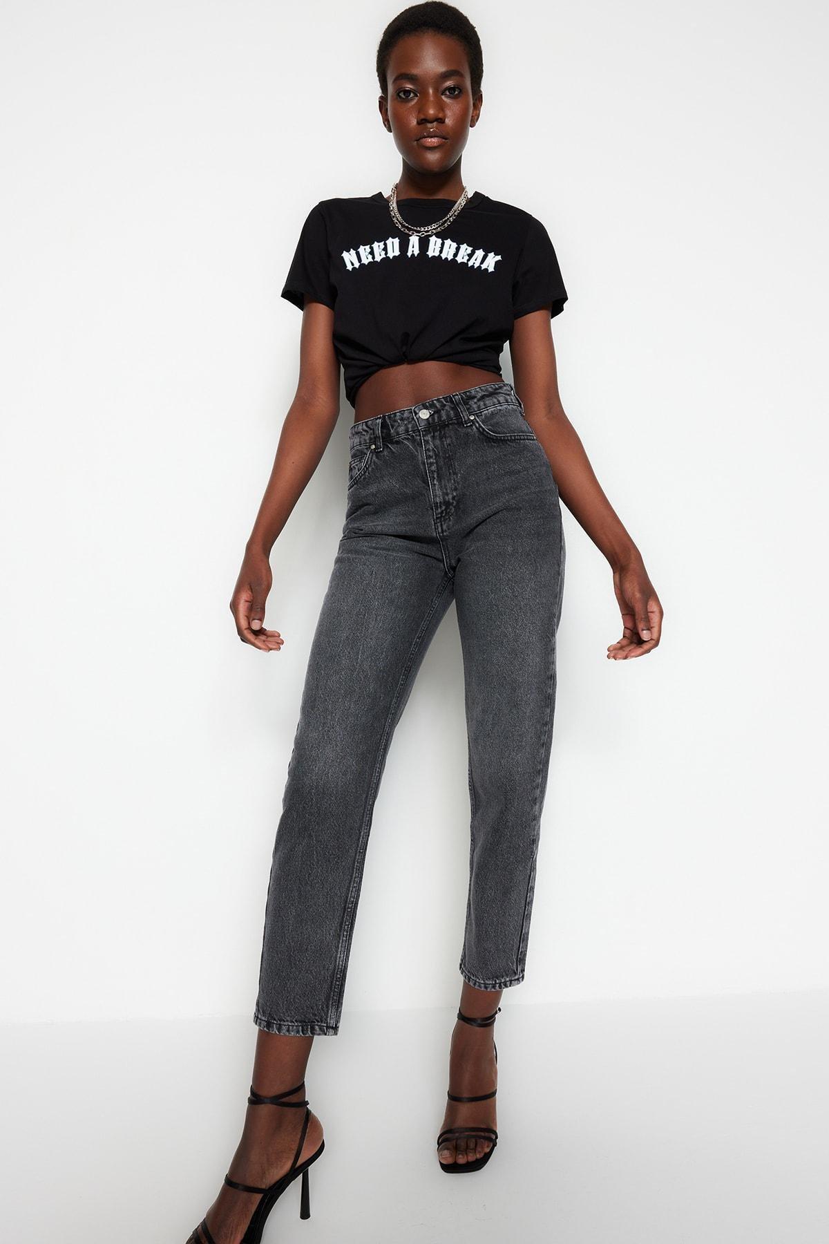 Gray High Waist Mom Jeans, , large image number 0