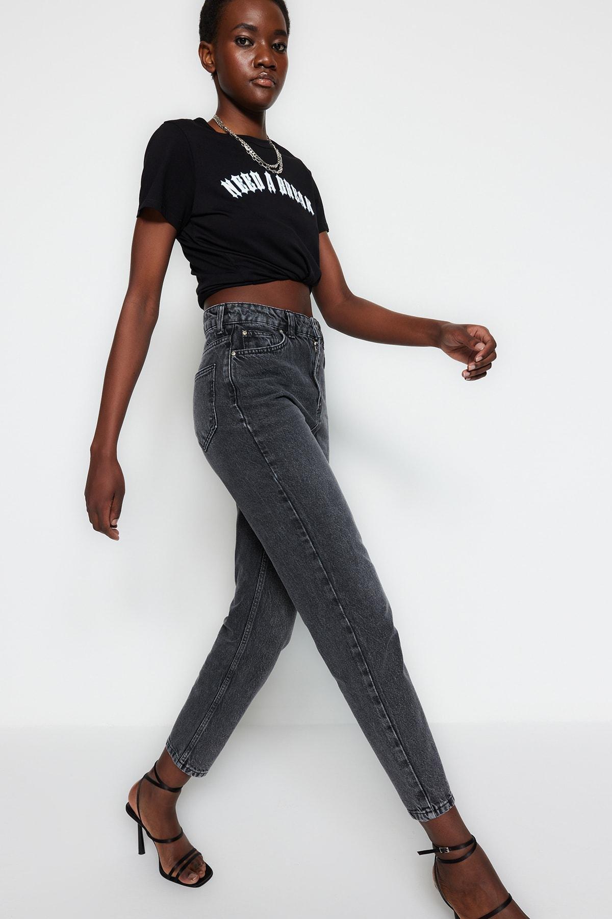 Gray High Waist Mom Jeans, , large image number 1