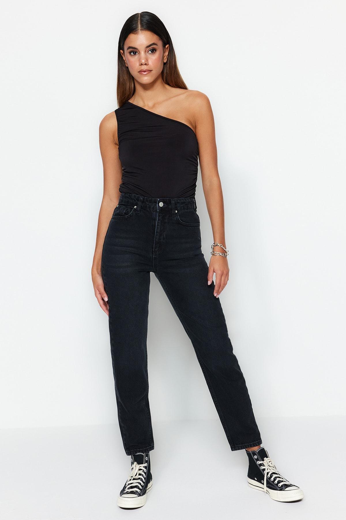Black High Waist Mom Jeans, , large image number 0