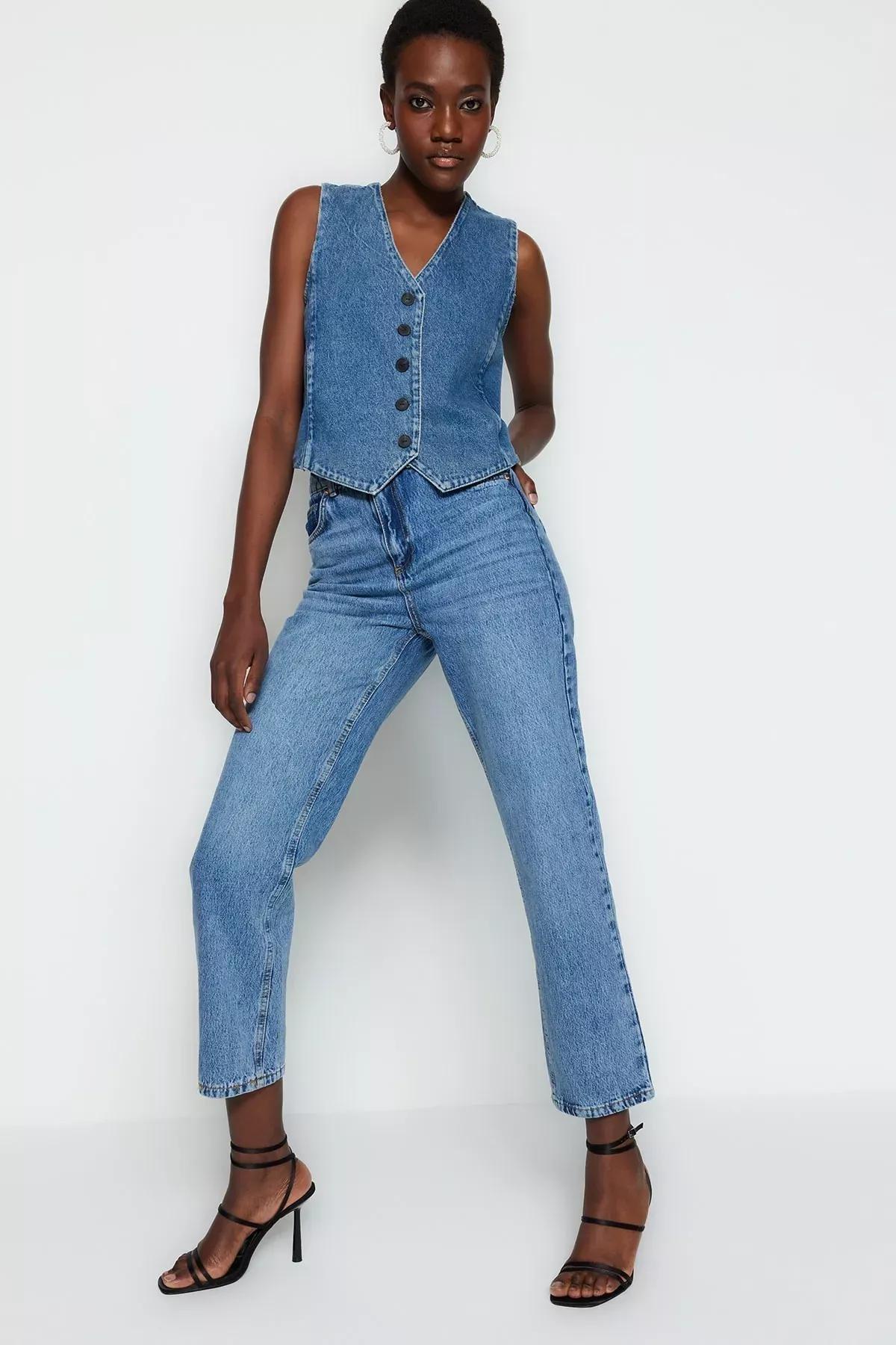 Blue Plain Straight Jeans, Blue, large image number 1