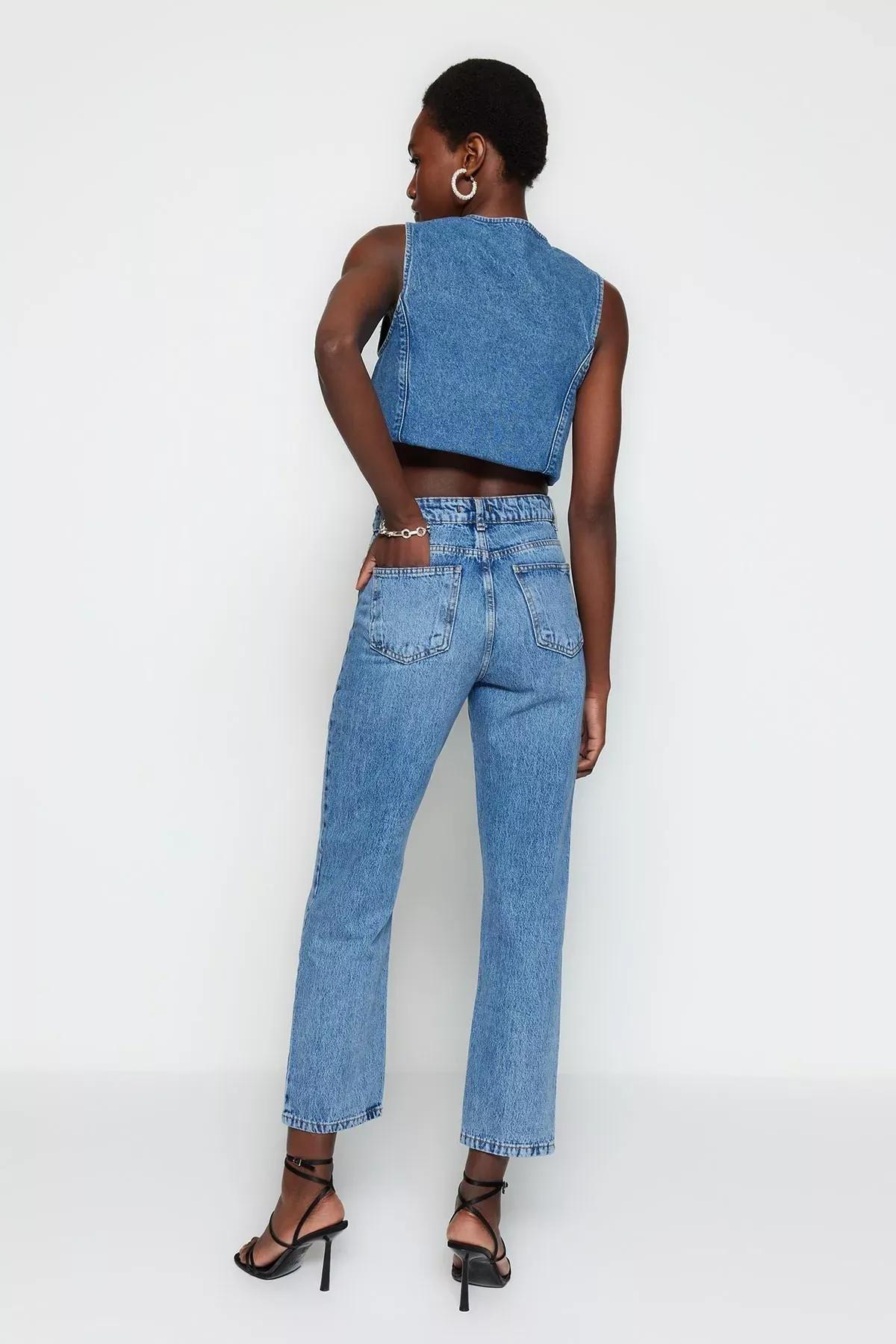 Blue Plain Straight Jeans, Blue, large image number 5