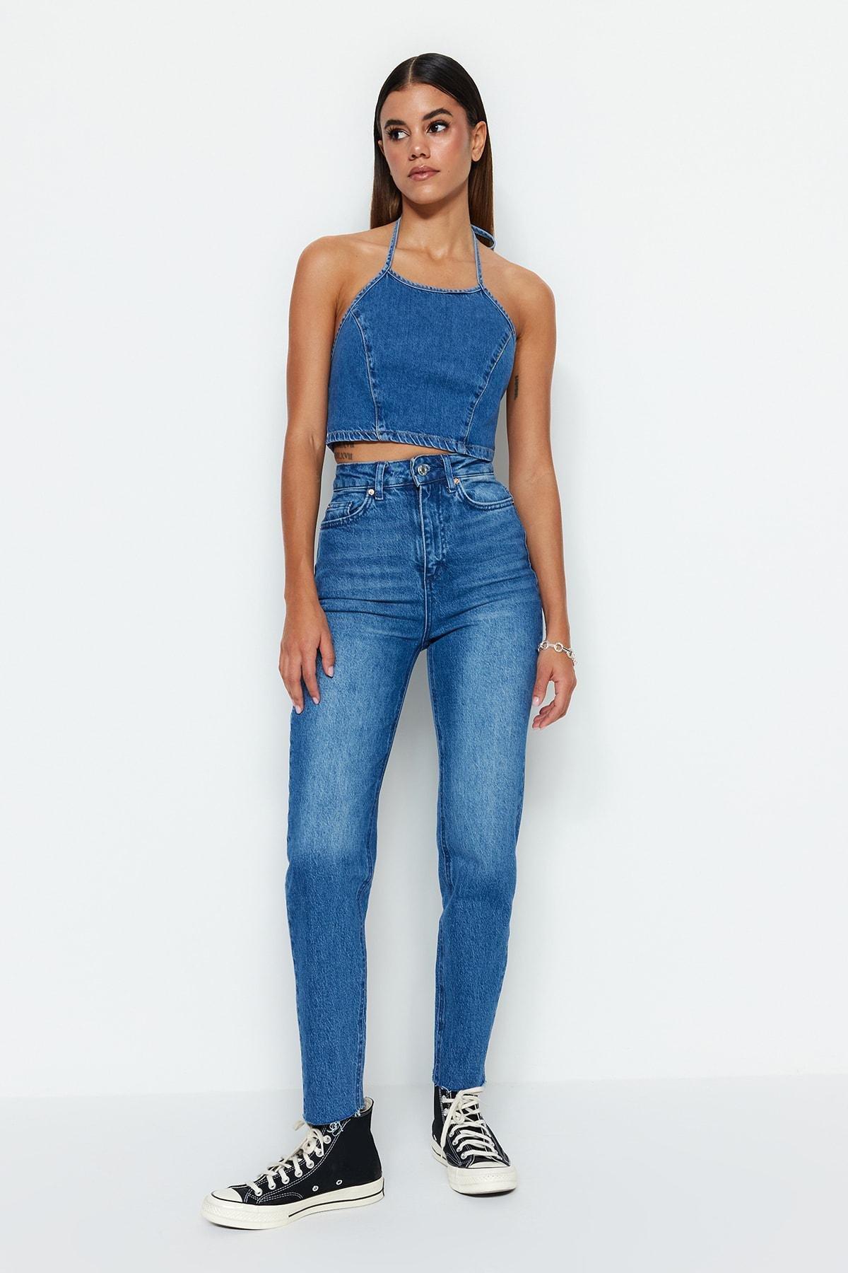 Blue Mom Jeans, Blue, large image number 1