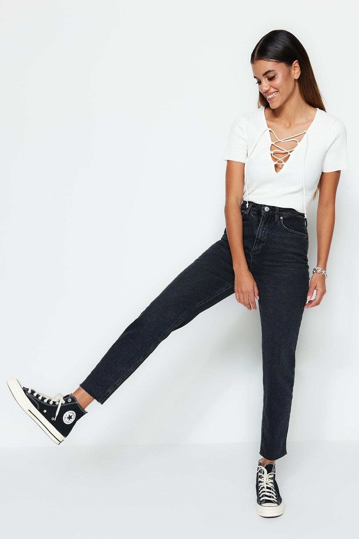 Black High Waist Mom Jeans, , large image number 0