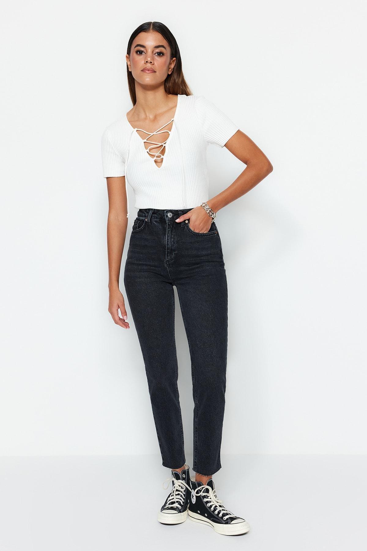 Black High Waist Mom Jeans, , large image number 1