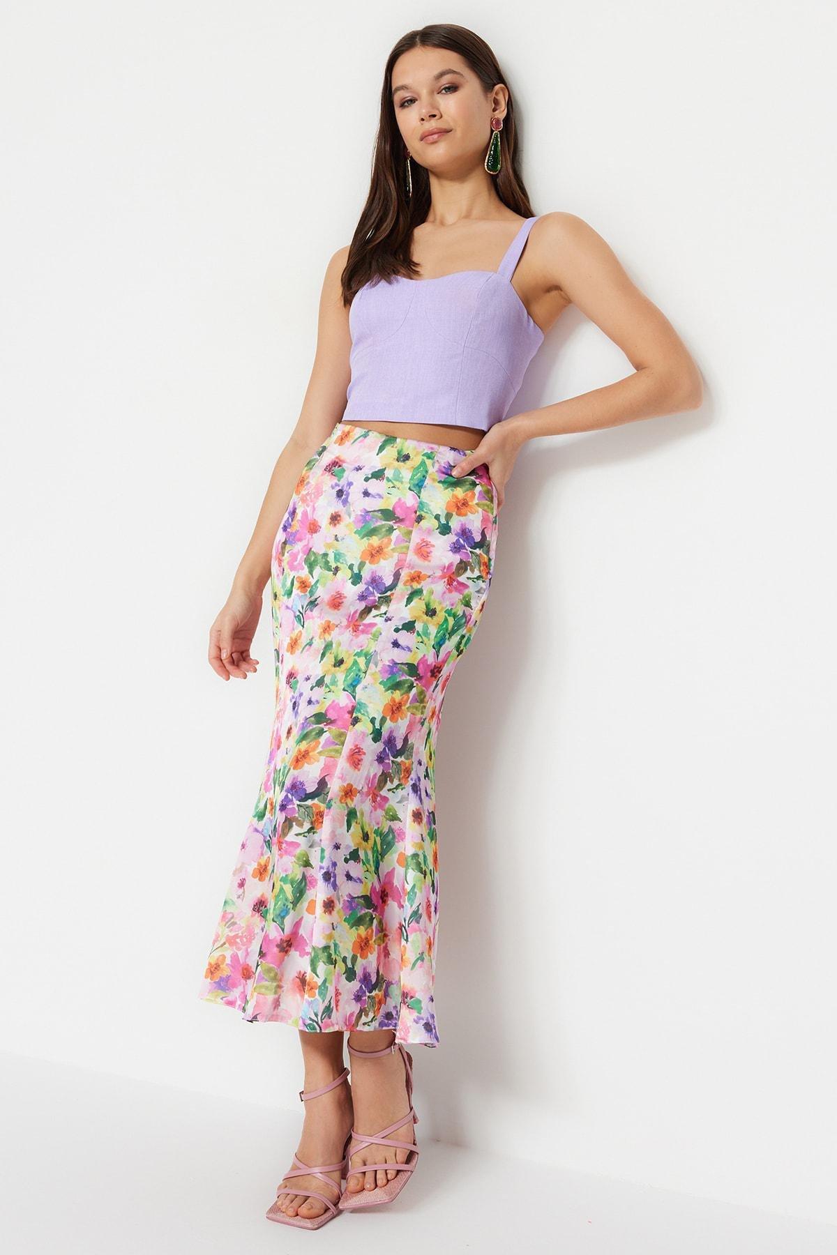 White Floral Midi Skirt, , medium