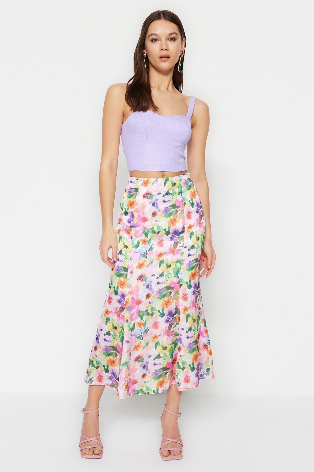 White Floral Midi Skirt, , large image number 1