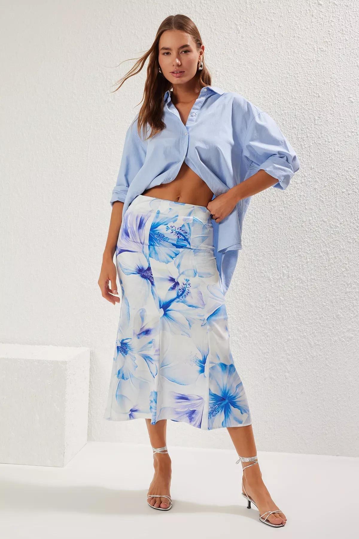 Blue Floral Patterned Maxi Skirt, , medium