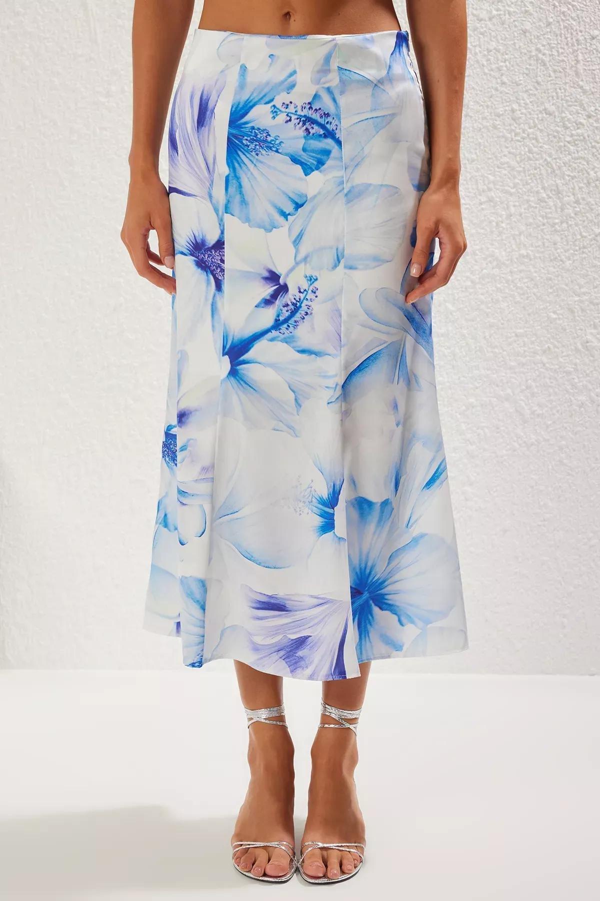 Blue Floral Patterned Maxi Skirt, , large image number 2