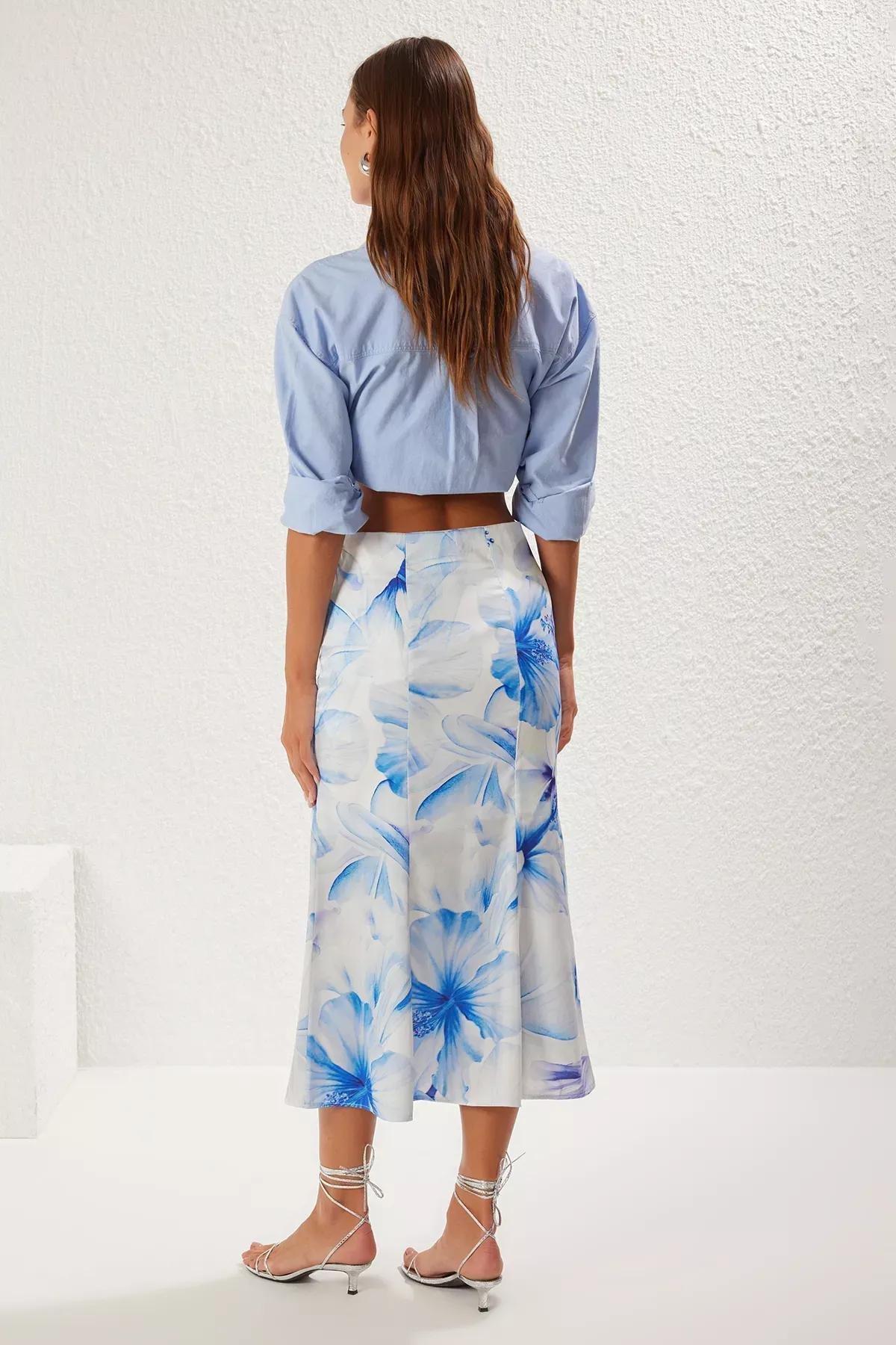 Blue Floral Patterned Maxi Skirt, , large image number 4