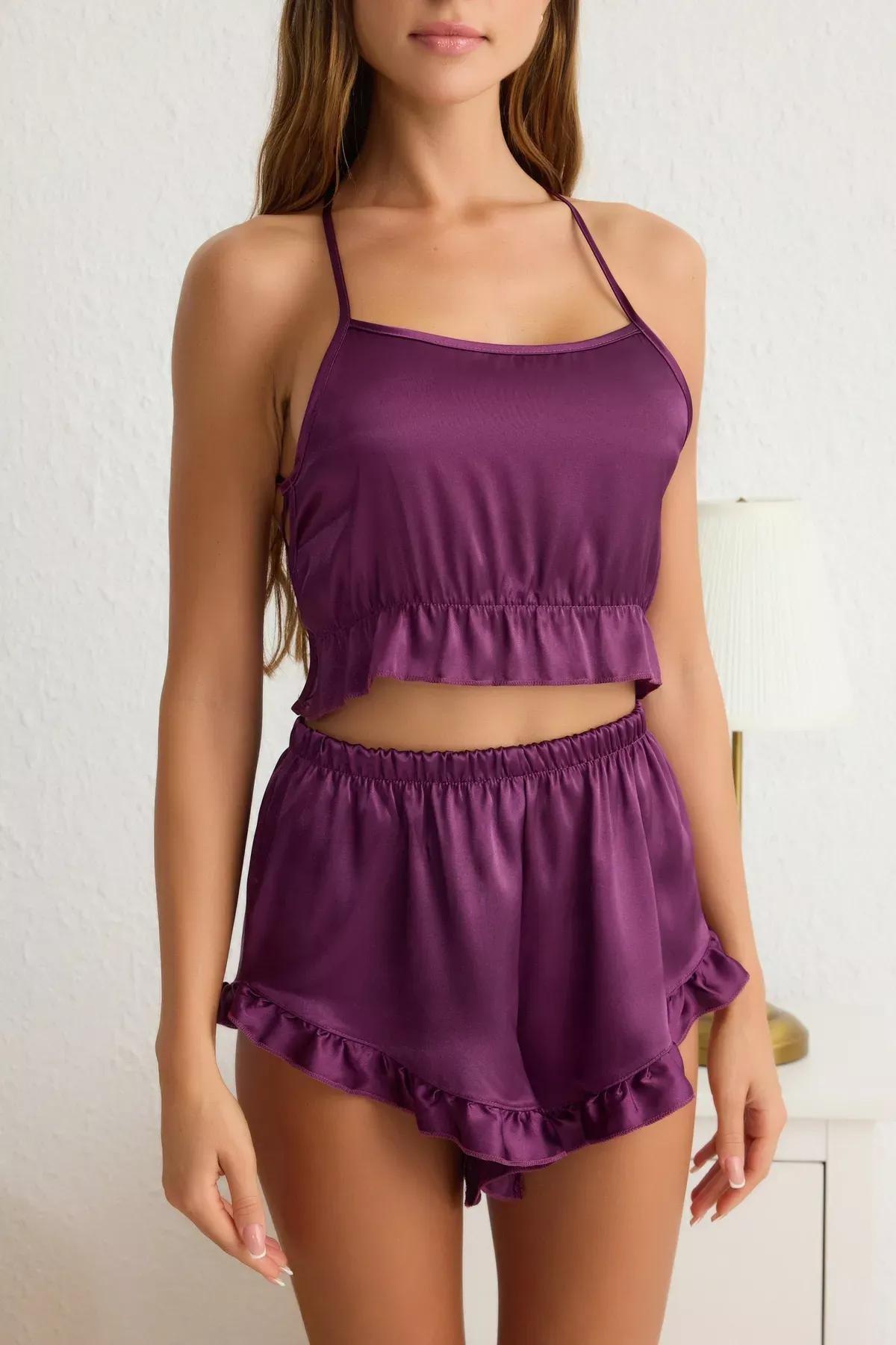 Pink Satin Frilled Shorts Pajama Set, , large image number 3