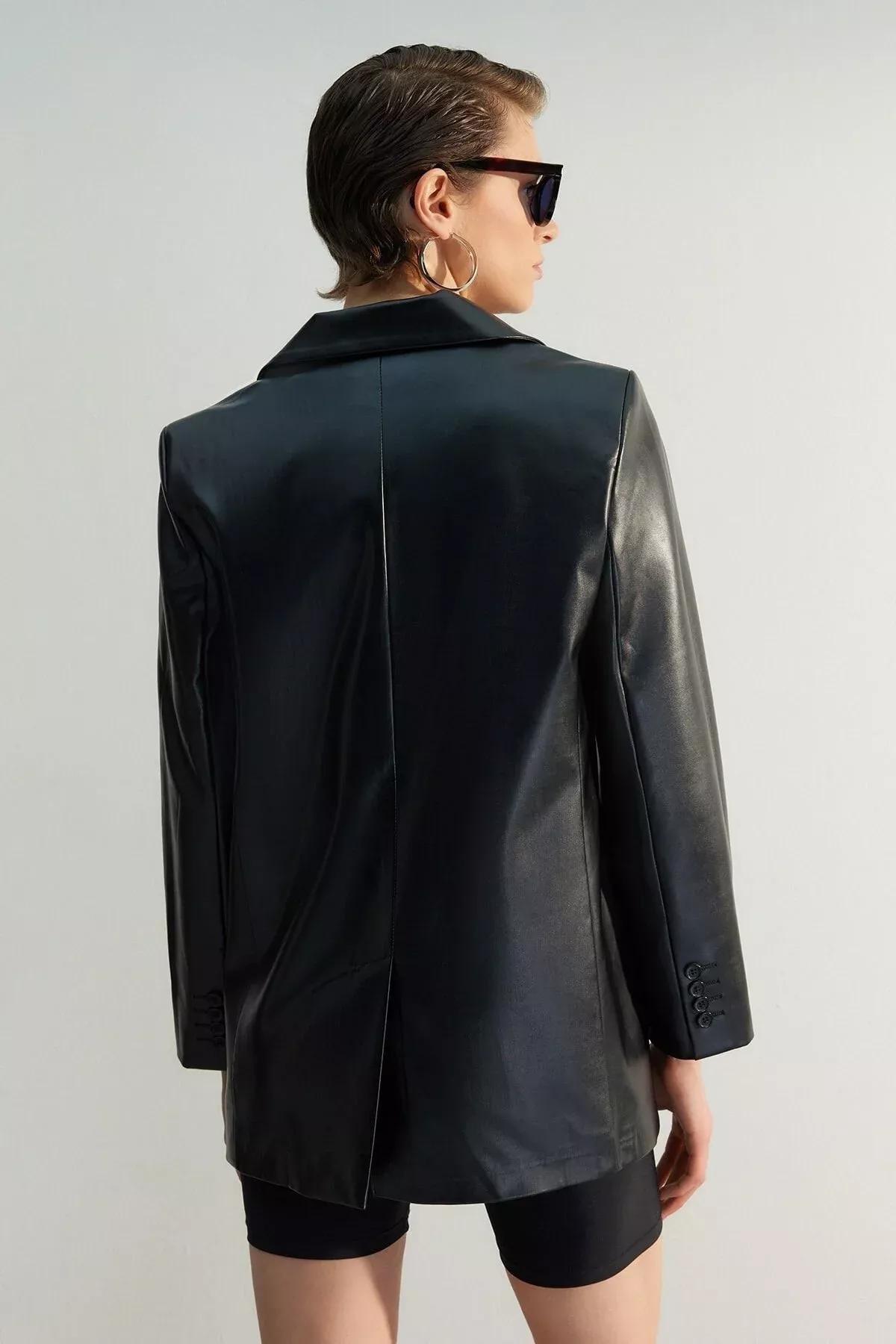 Black Oversized Leather Jacket, Black, large image number 3