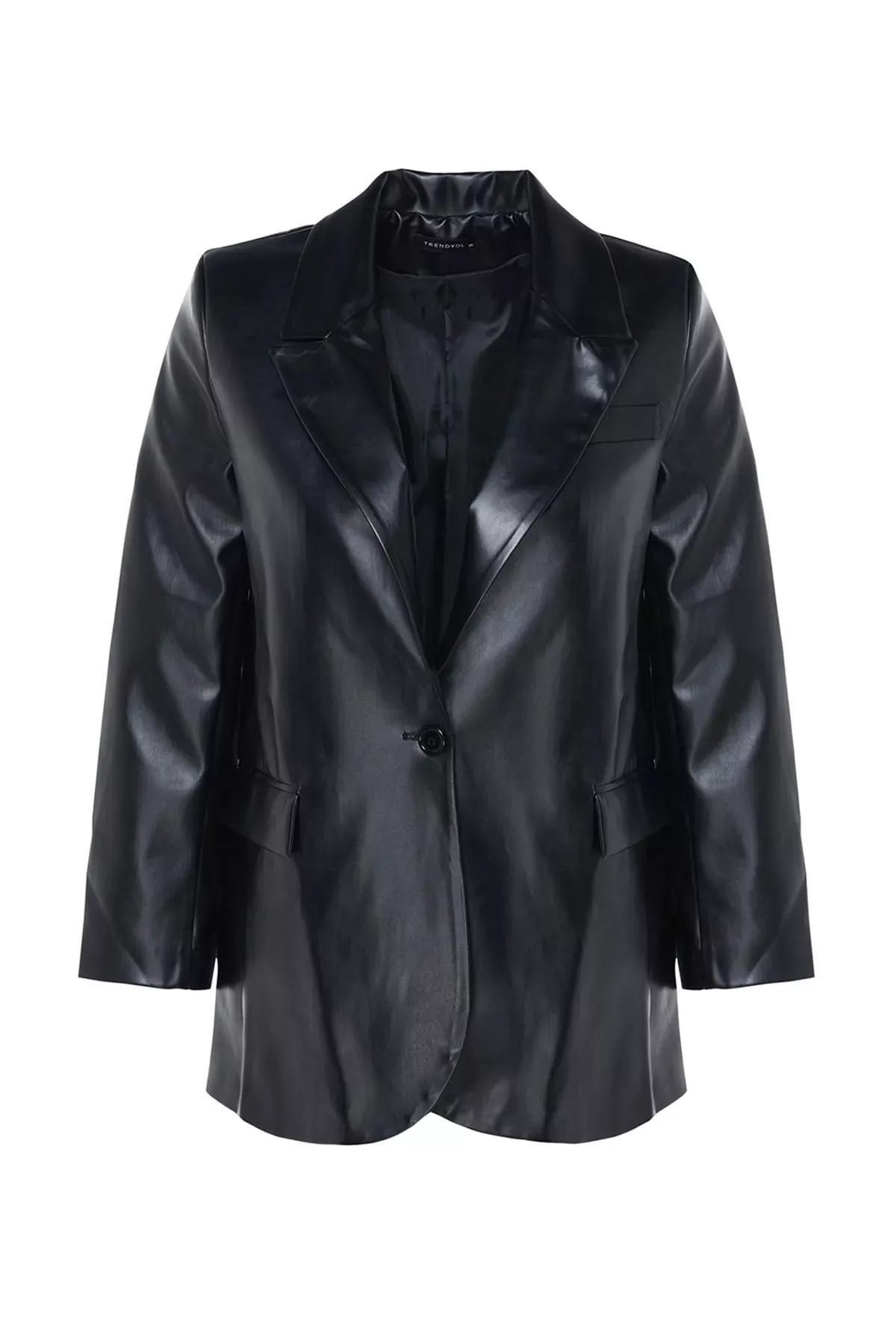 Black Oversized Leather Jacket, Black, large image number 4