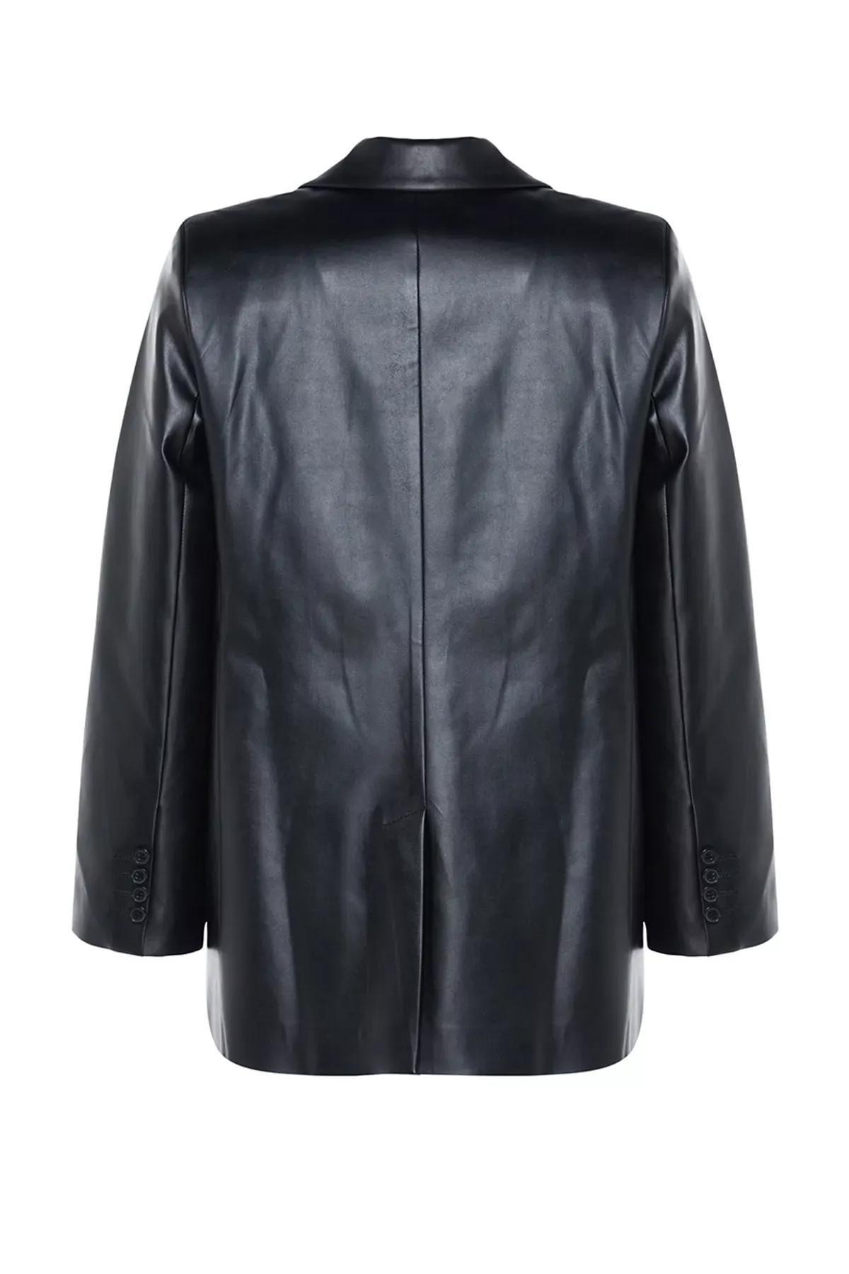 Black Oversized Leather Jacket, Black, large image number 5