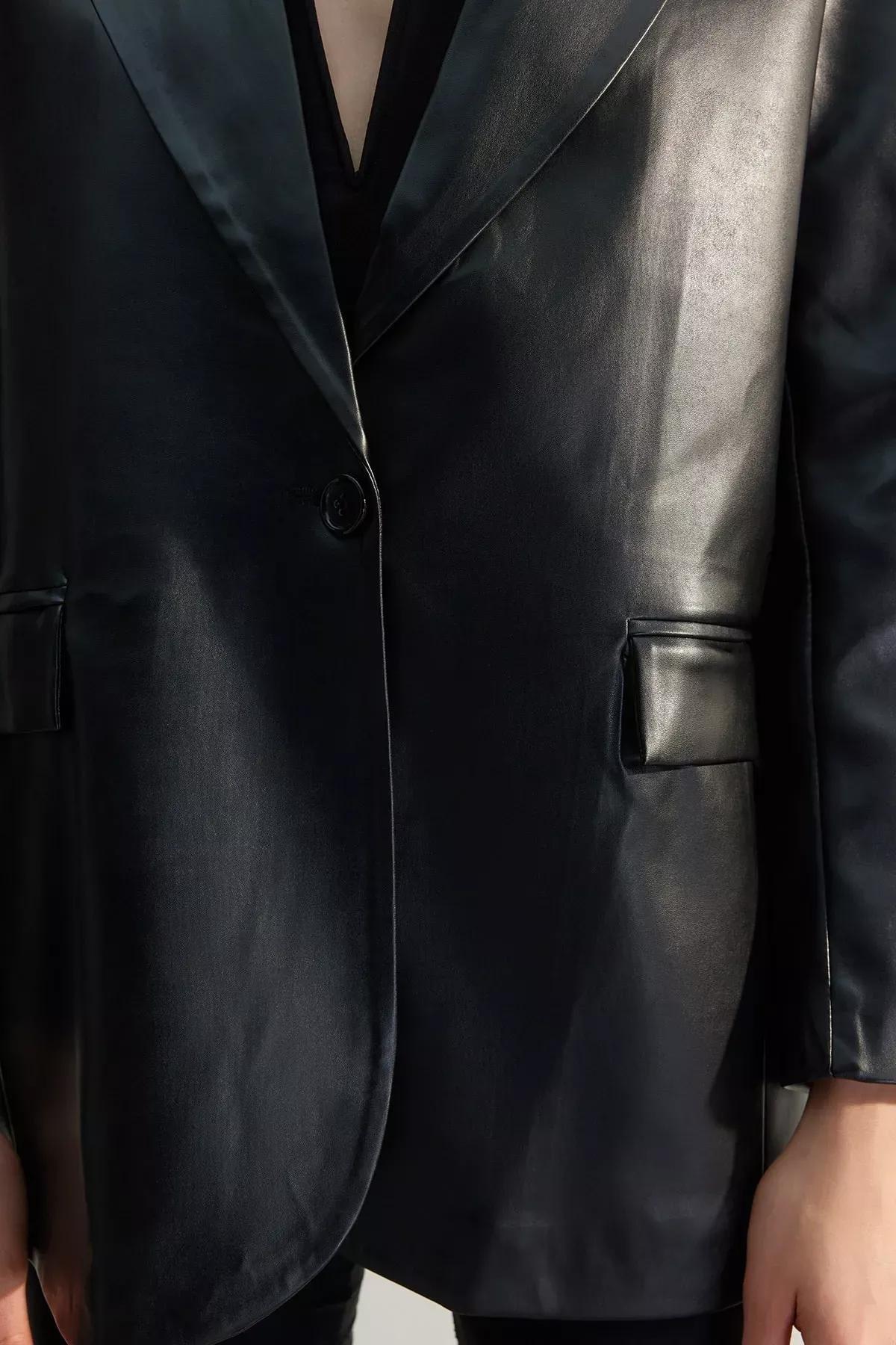 Black Oversized Leather Jacket, Black, large image number 6