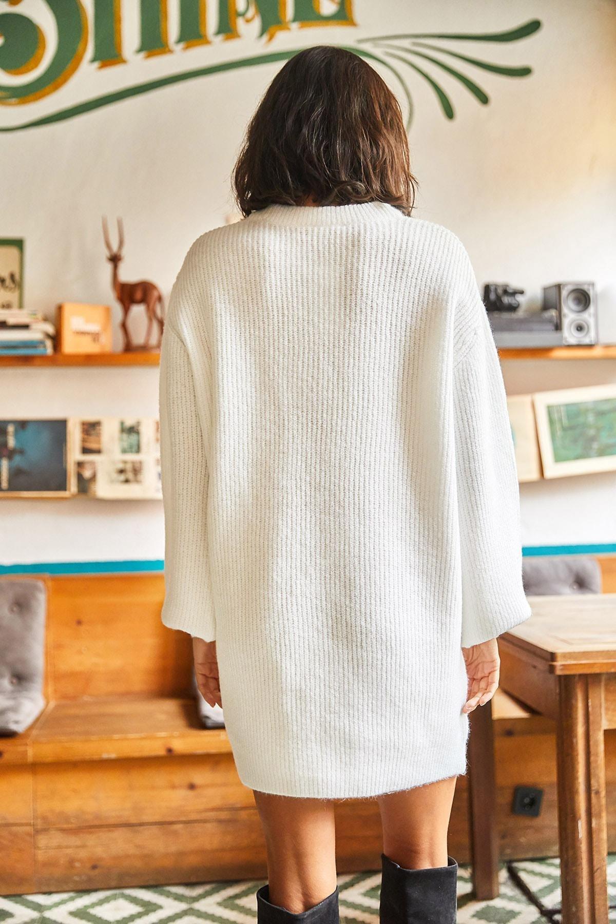 Cream Soft Textured Knitwear Tunic Dress, Ecru, large image number 3