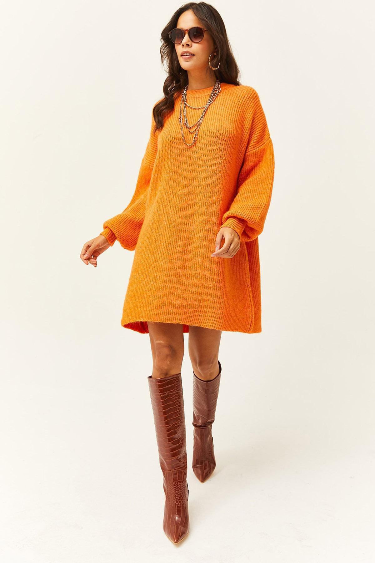 Orange Crew Neck Balloon Sleeve Dress, Orange, large image number 0