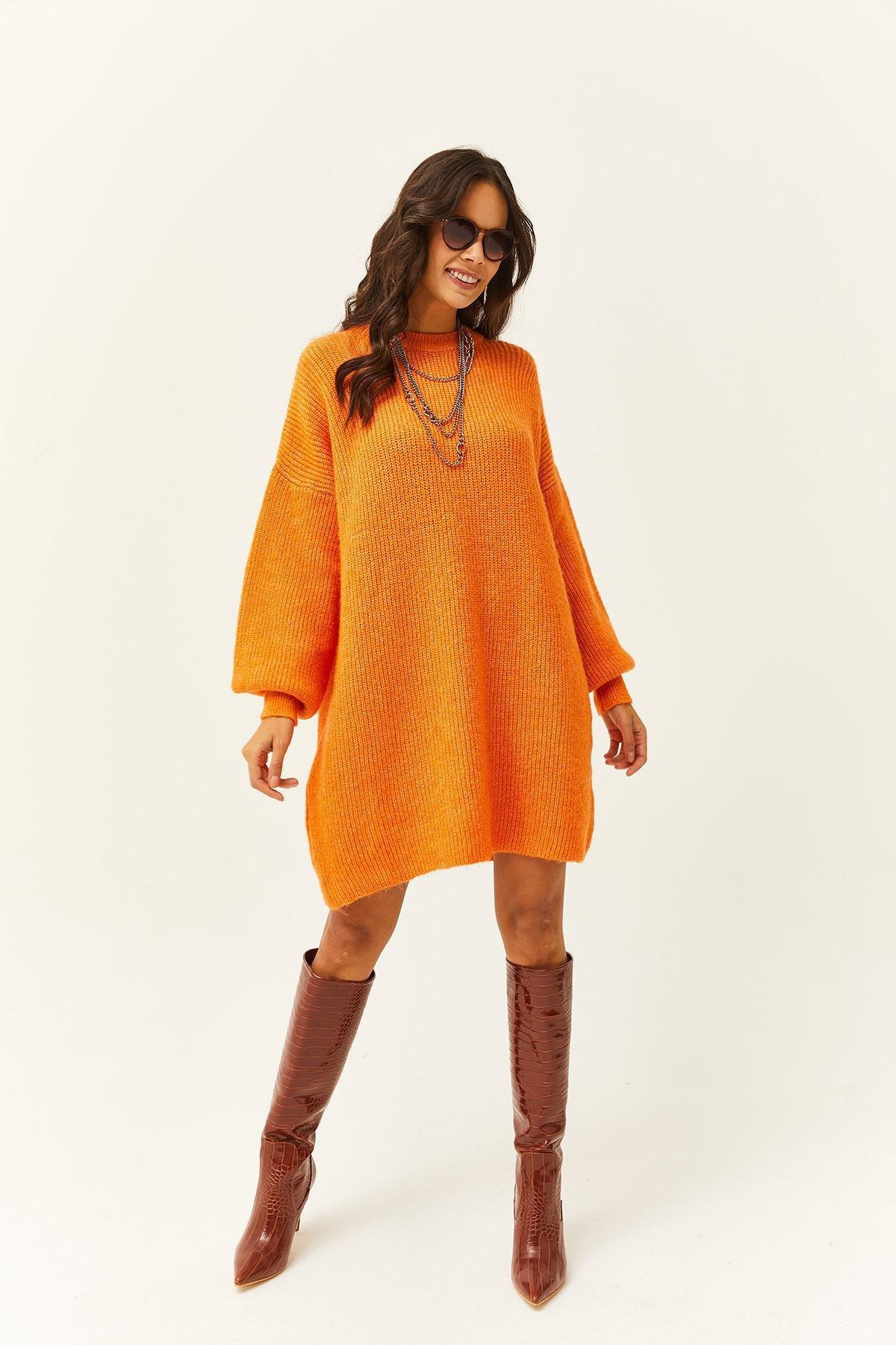 Olalook - Orange Crew Neck Balloon Sleeve Dress