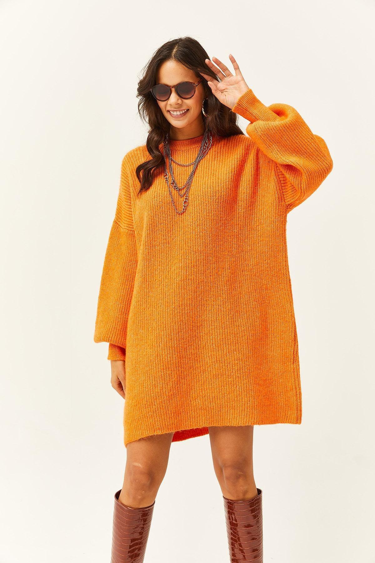 Olalook - Orange Balloon Sleeve Textured Knitwear Dress