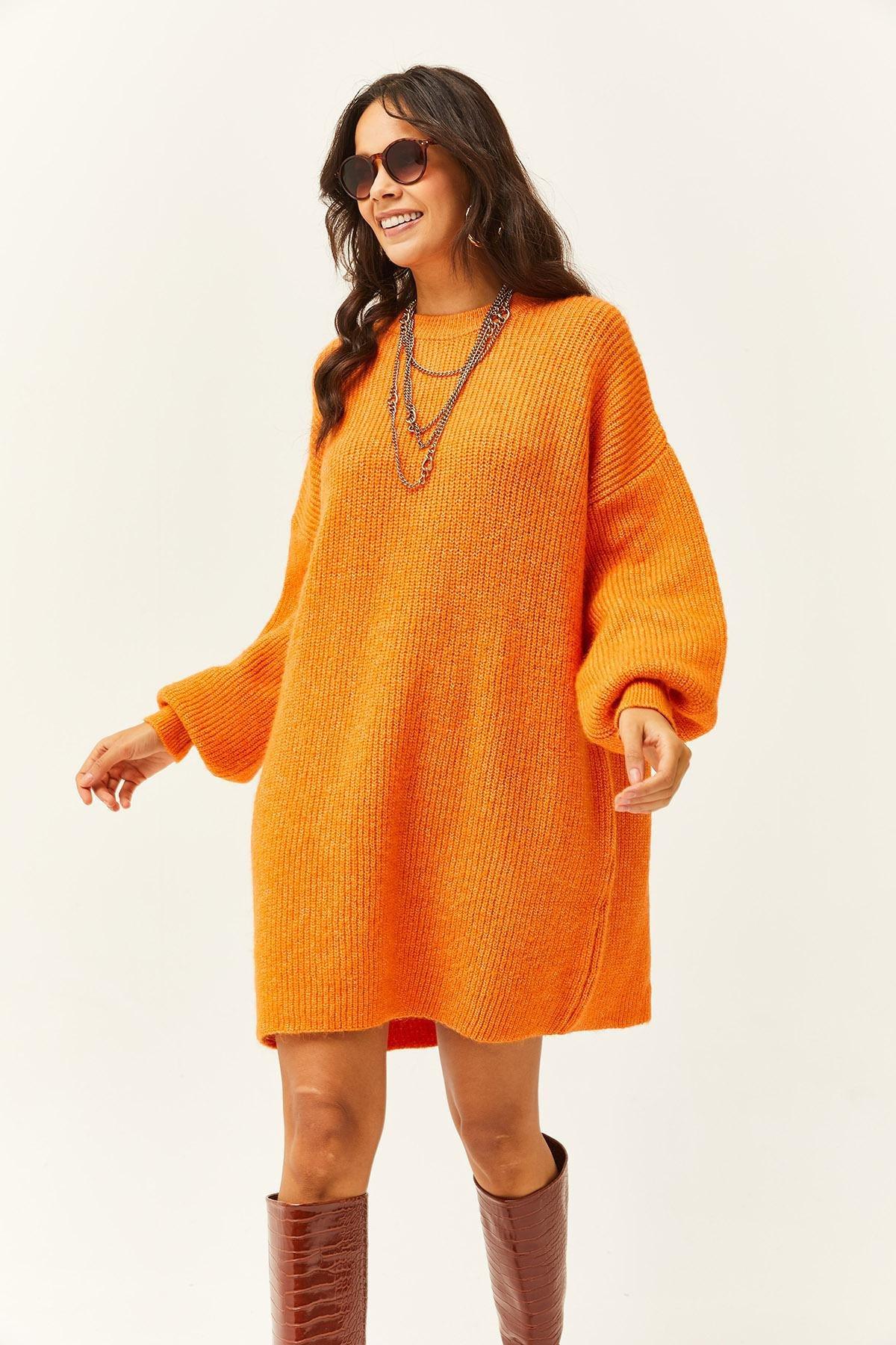 Olalook - Orange Balloon Sleeve Textured Knitwear Dress