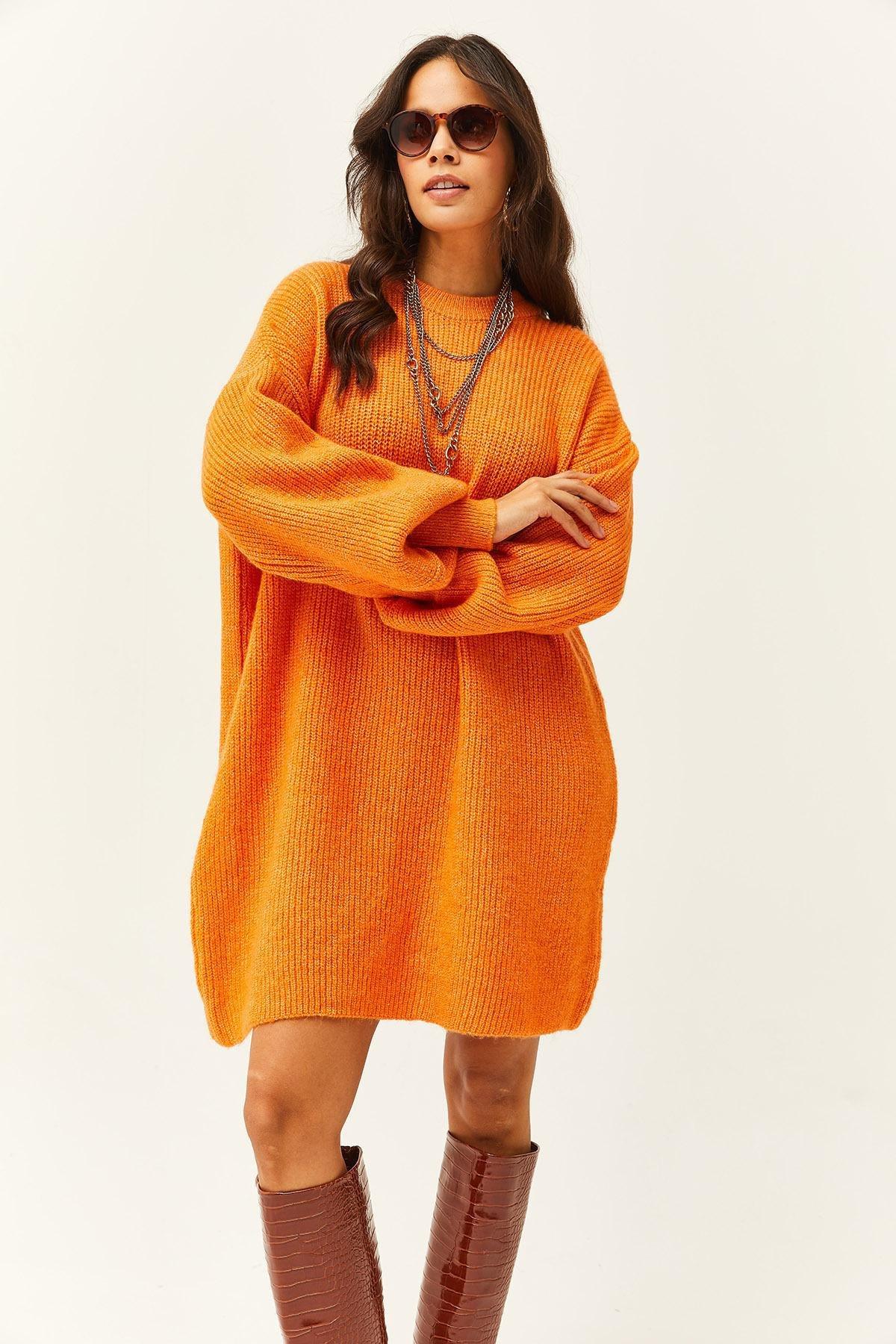 Olalook - Orange Balloon Sleeve Textured Knitwear Dress