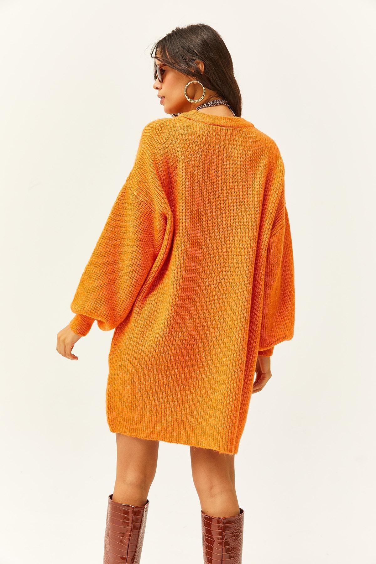 Olalook - Orange Crew Neck Balloon Sleeve Dress