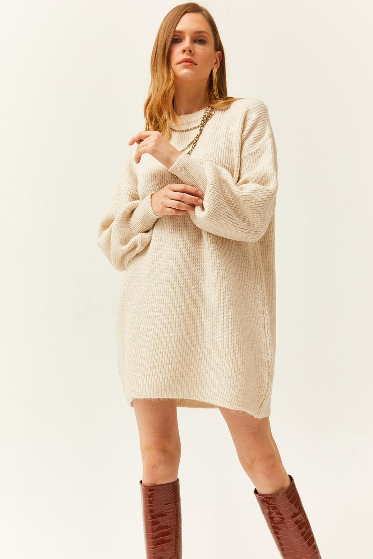 Olalook - Beige Crew Neck Knitted Tunic Dress