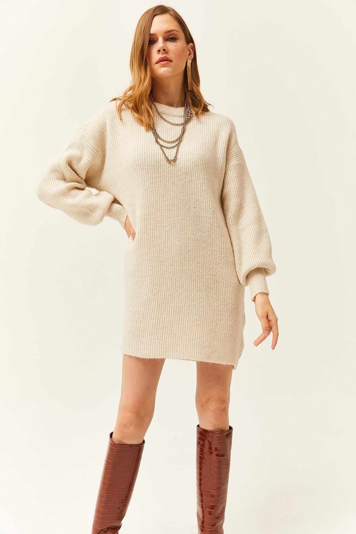 Olalook - Beige Crew Neck Knitted Tunic Dress
