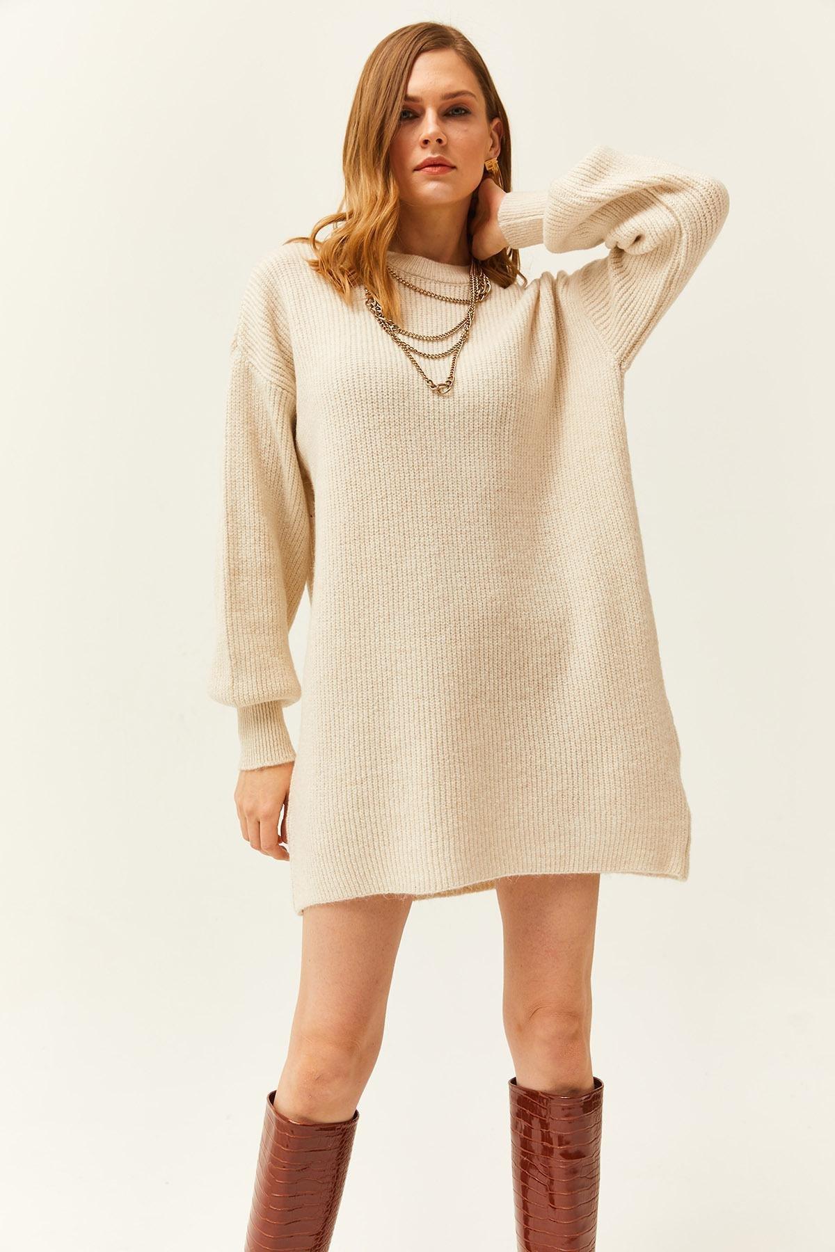 Olalook - Beige Crew Neck Knitted Tunic Dress