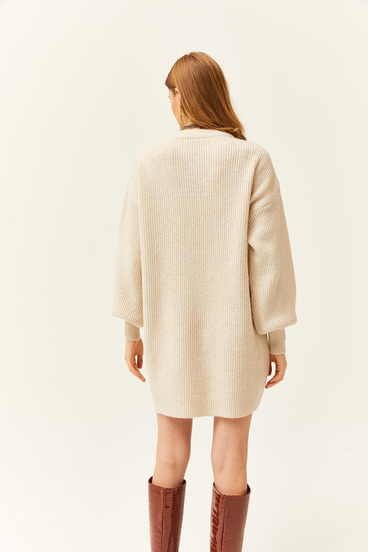 Beige Crew Neck Knitted Tunic Dress, STONE, large image number 4