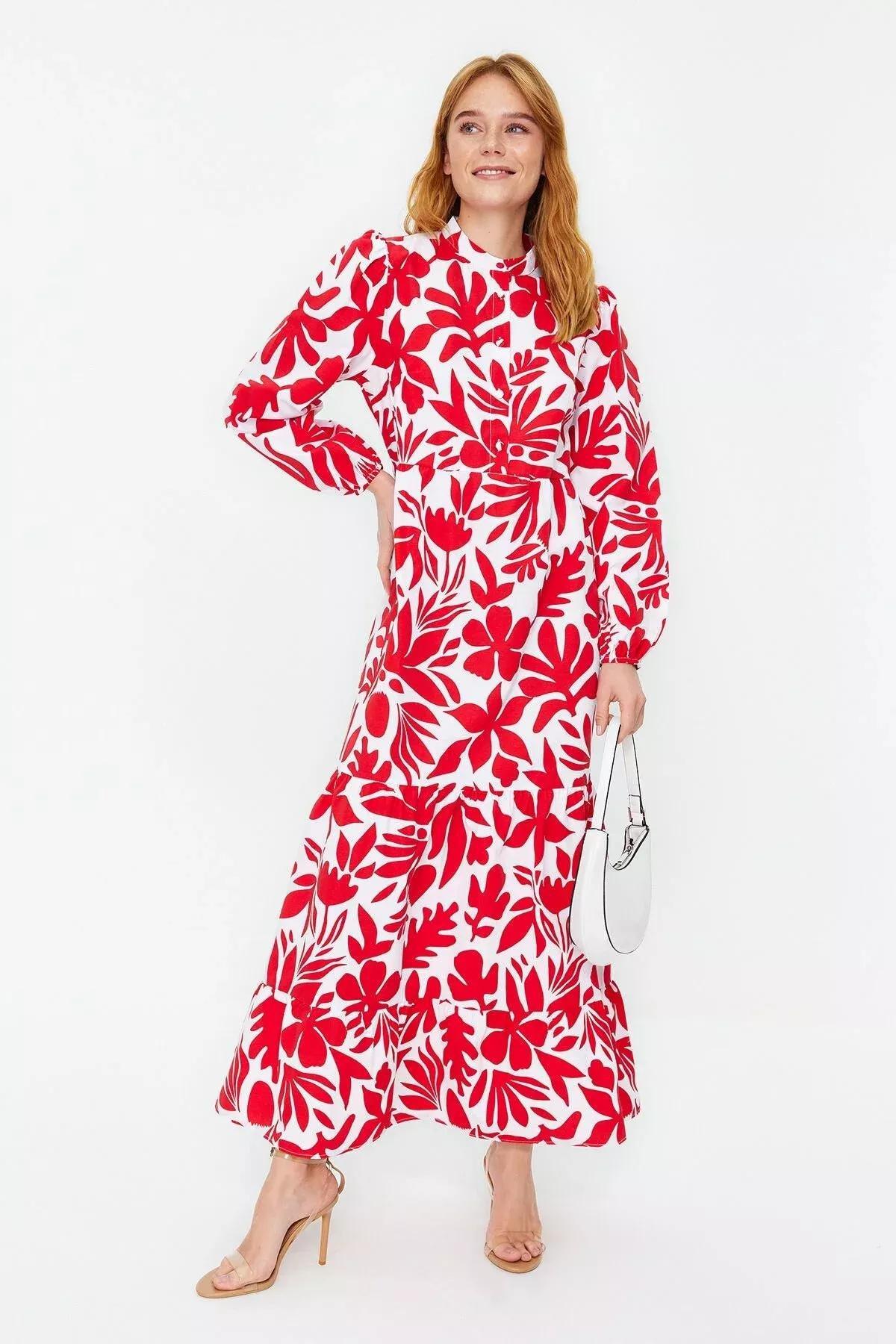 Red Patterned Half Pat Wide Fit Dress, , medium