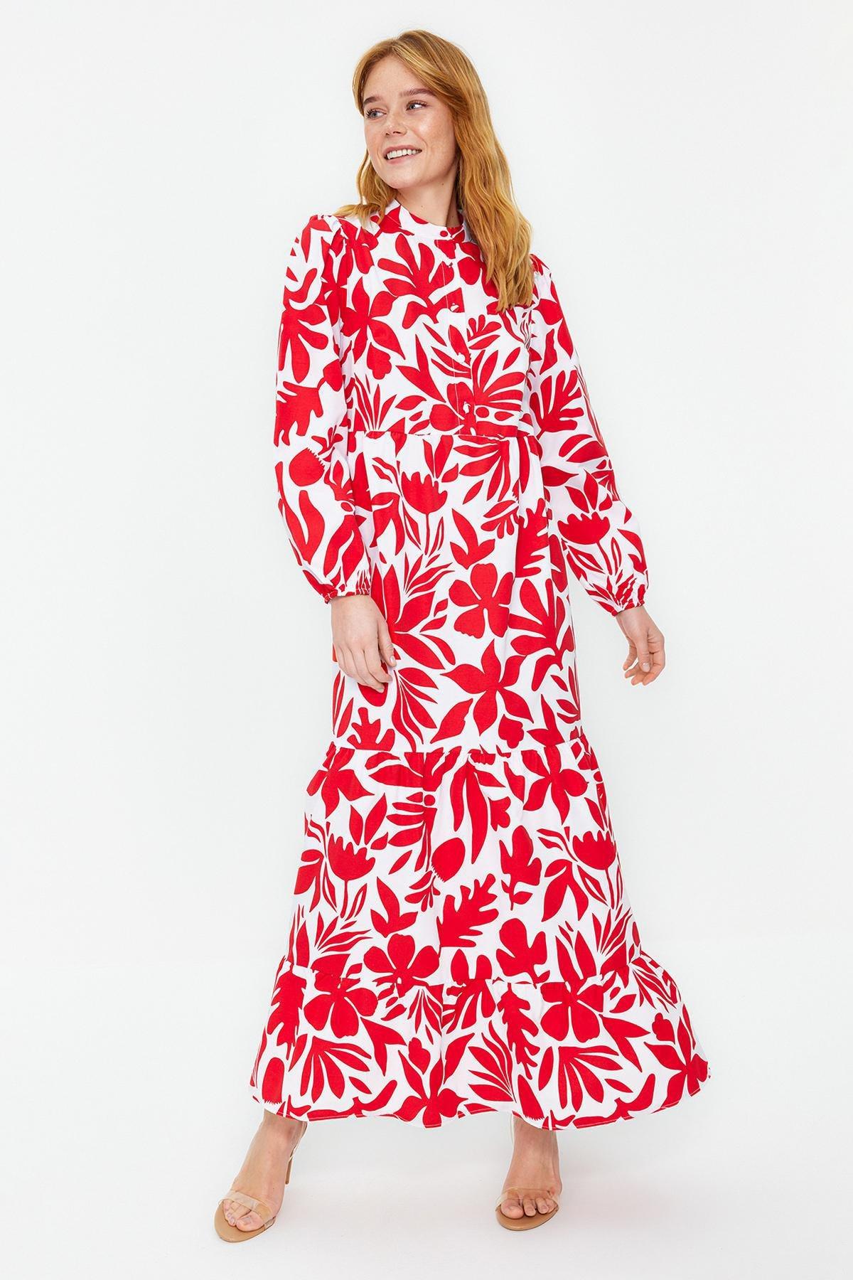 Red Patterned Half Pat Wide Fit Dress, , large image number 1