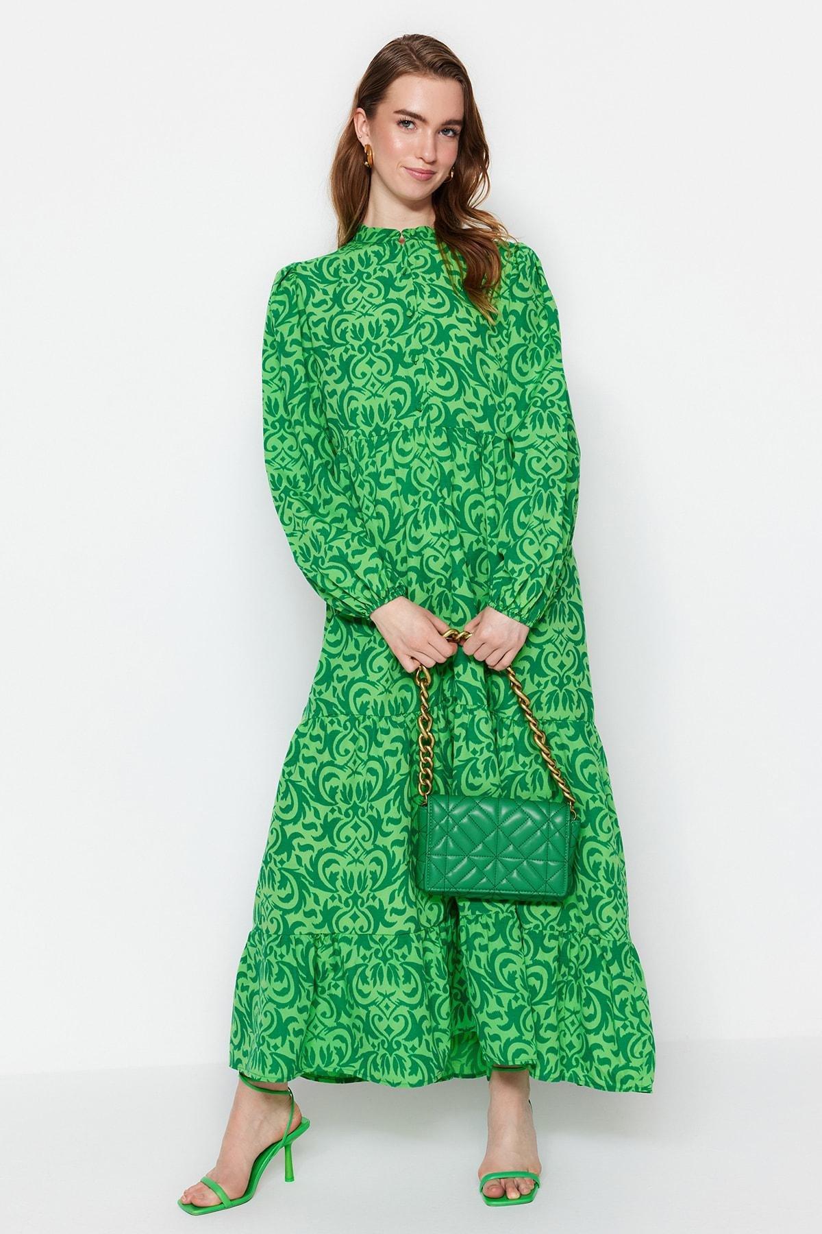 Green Patterned A-Line Dress, , large image number 0