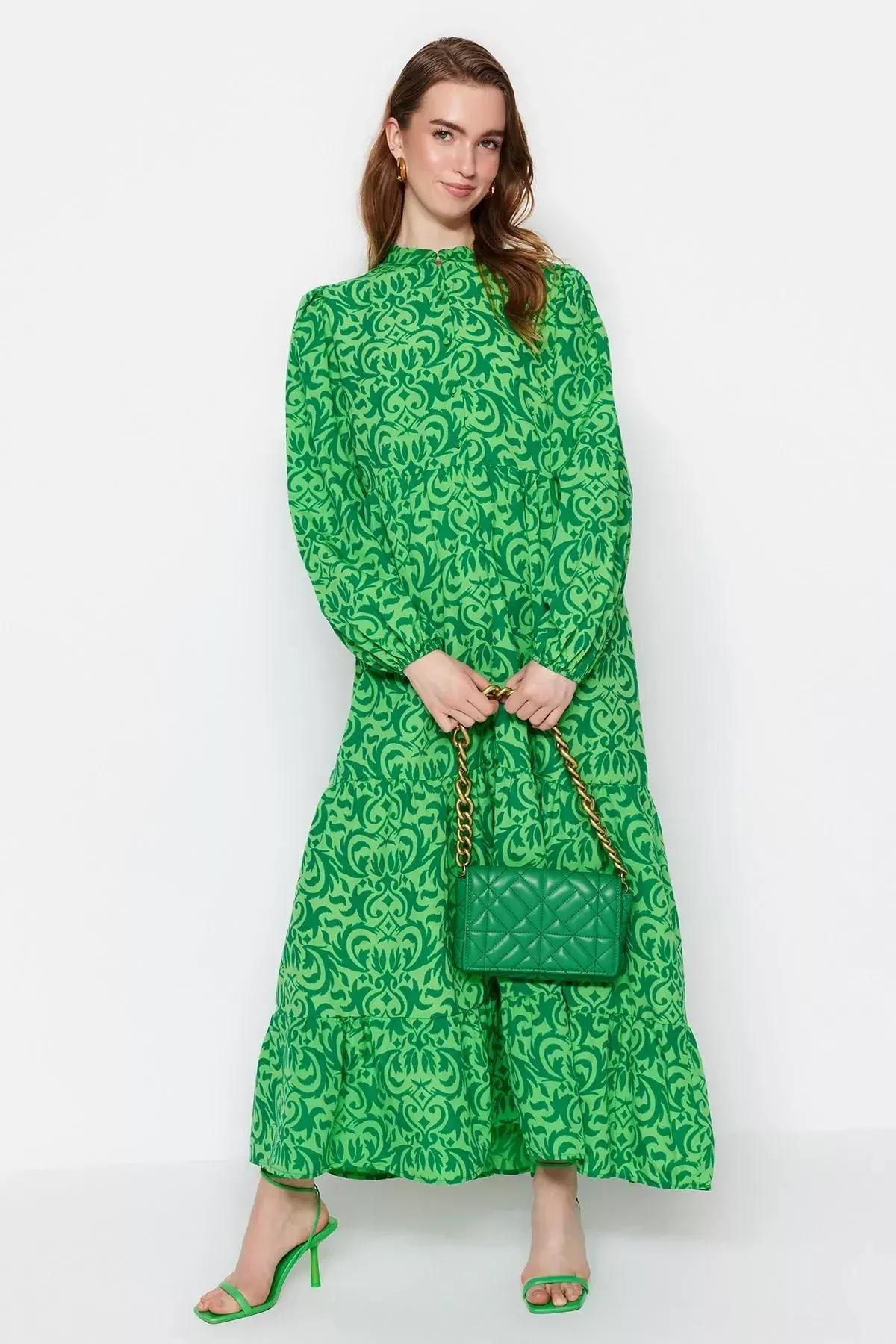 Green Patterned A-Line Dress, Green, medium