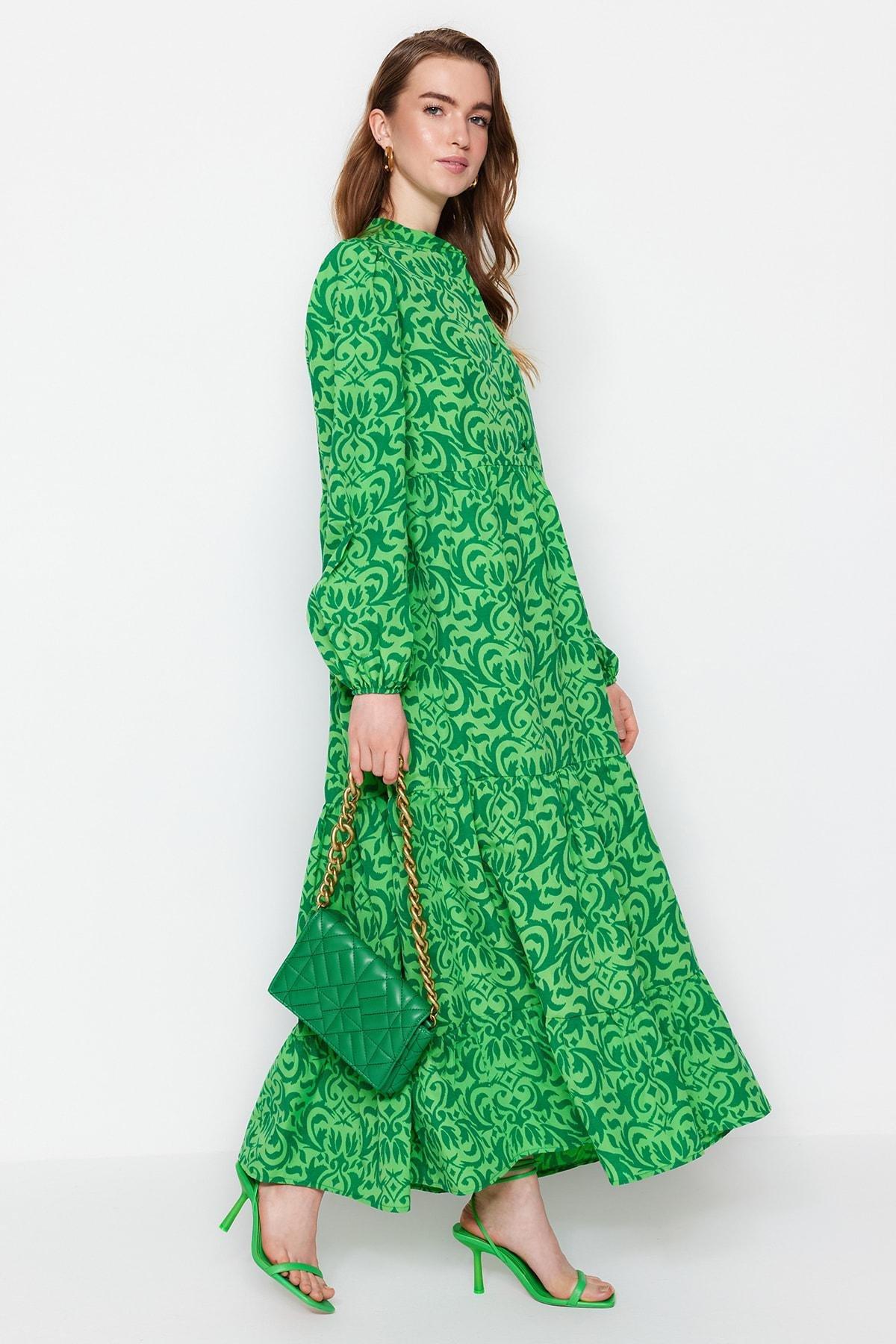 Green Patterned A-Line Dress, , large image number 1