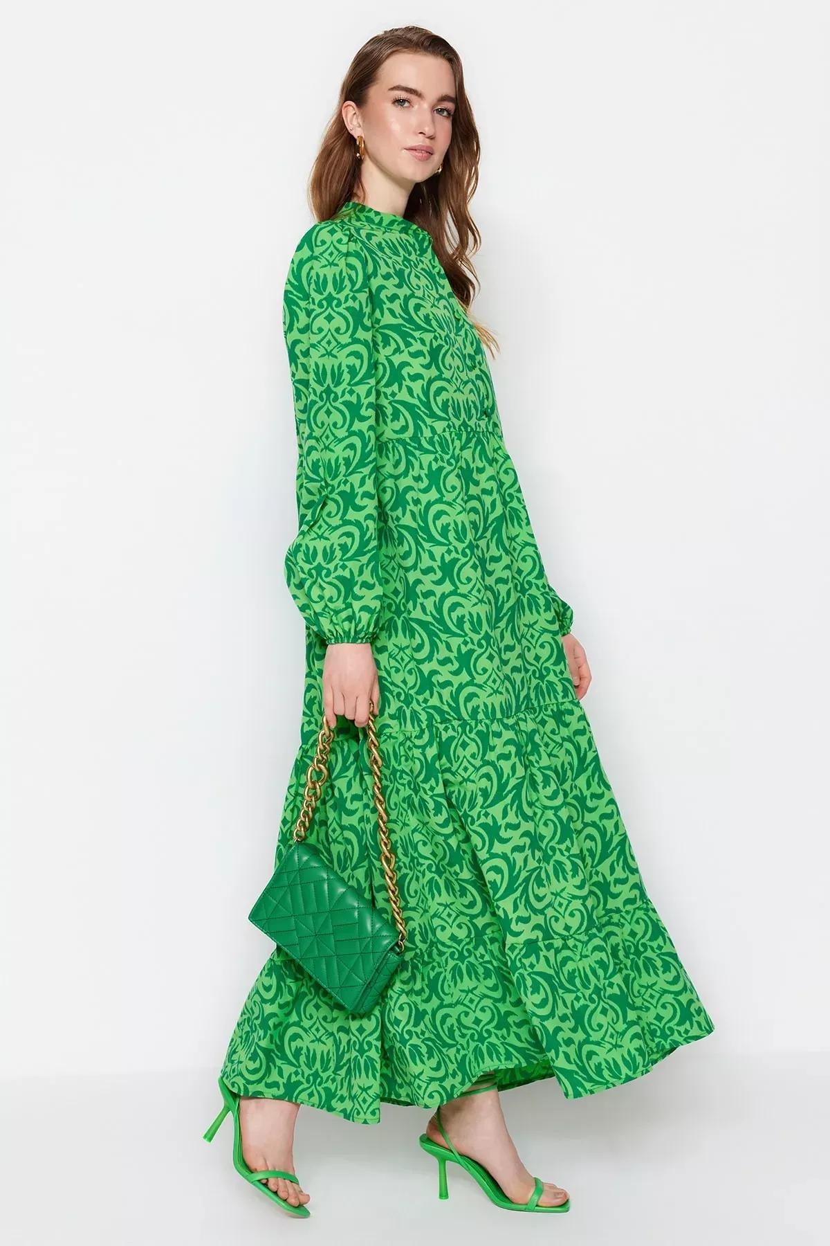 Green Patterned A-Line Dress, Green, medium