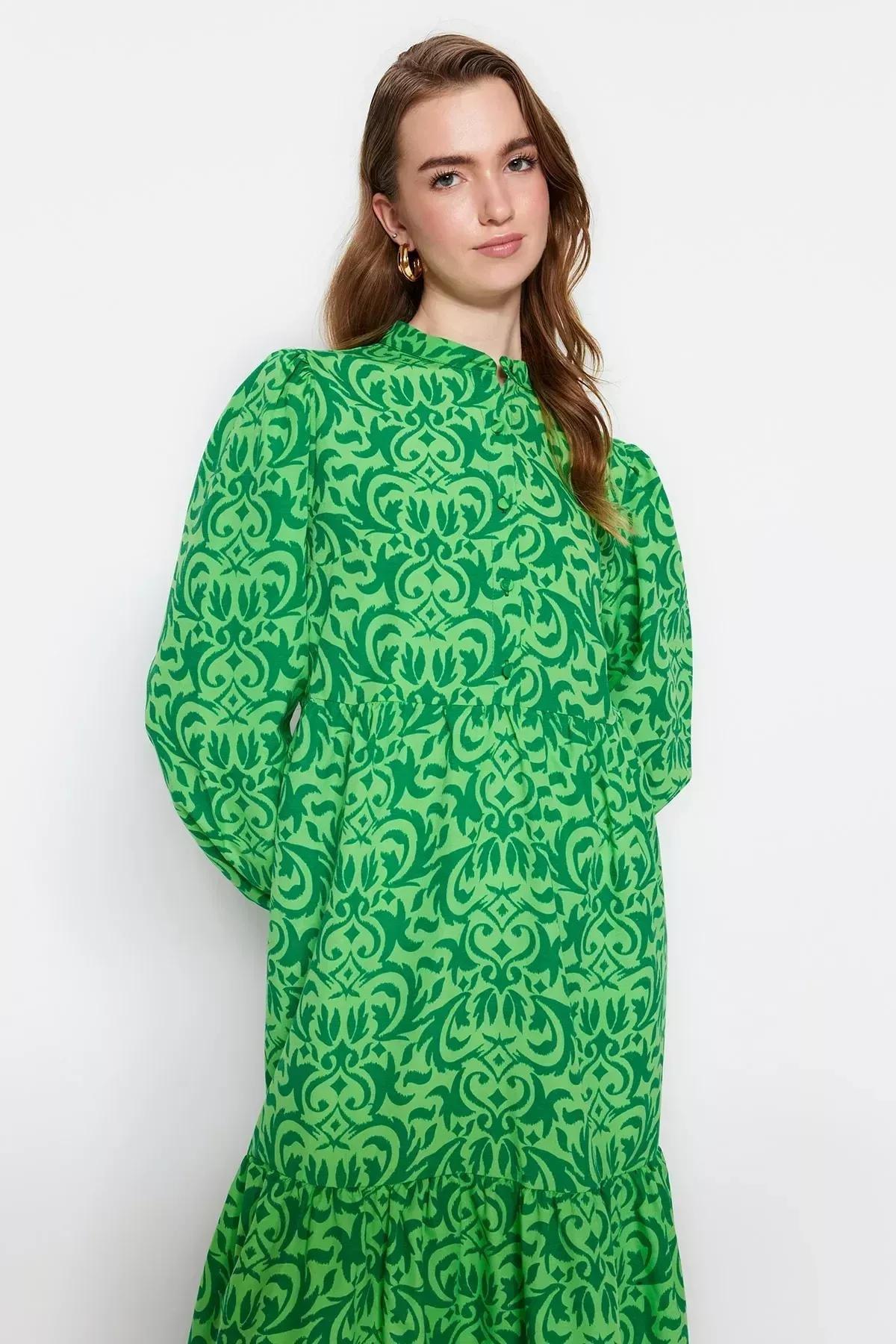 Green Patterned A-Line Dress, Green, medium
