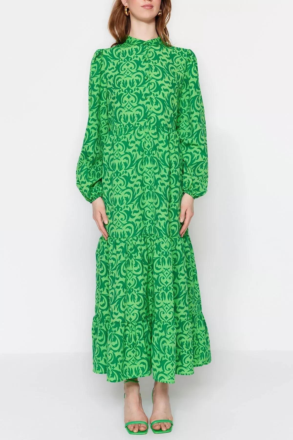 Green Patterned A-Line Dress, Green, large image number 3