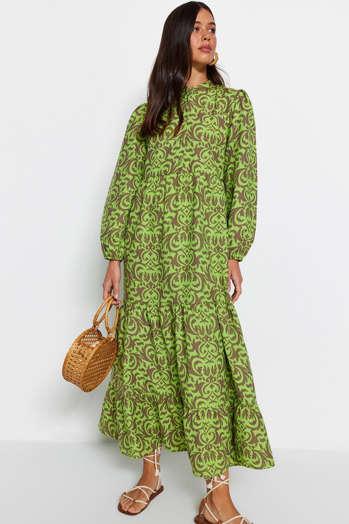 Green Patterned A-Line Dress, , large image number 4