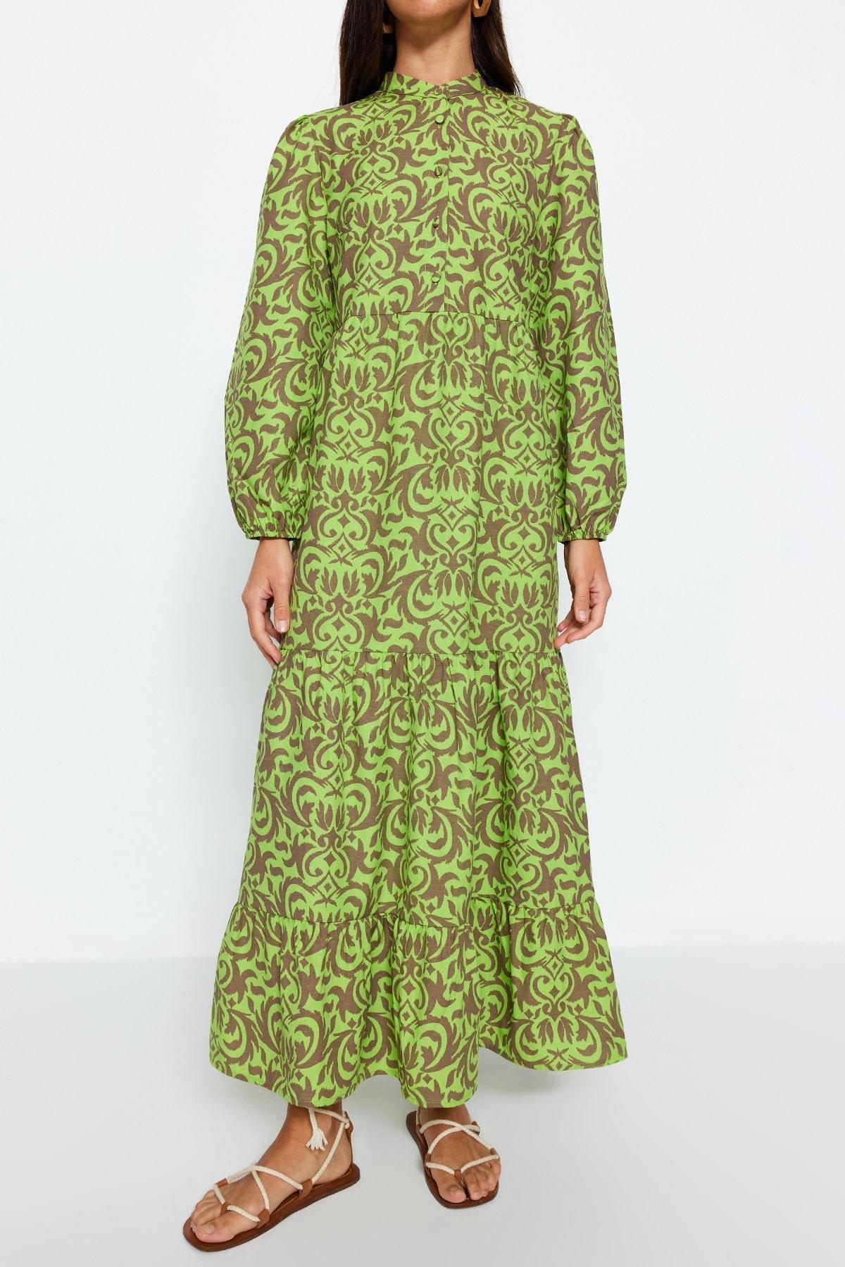 Green Patterned A-Line Dress, , large image number 6