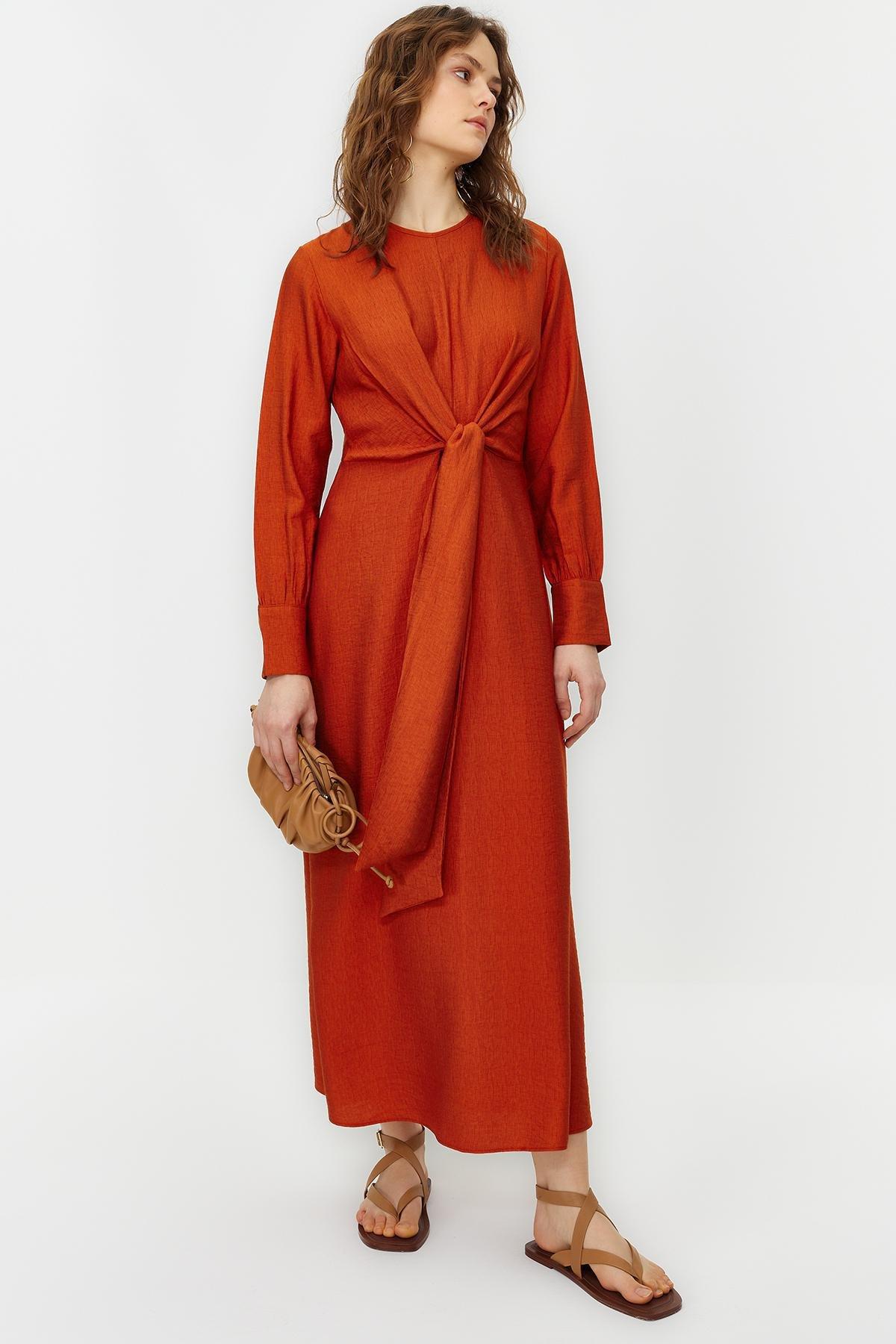 Orange Waist Tie Detail Woven Dress, , large image number 0