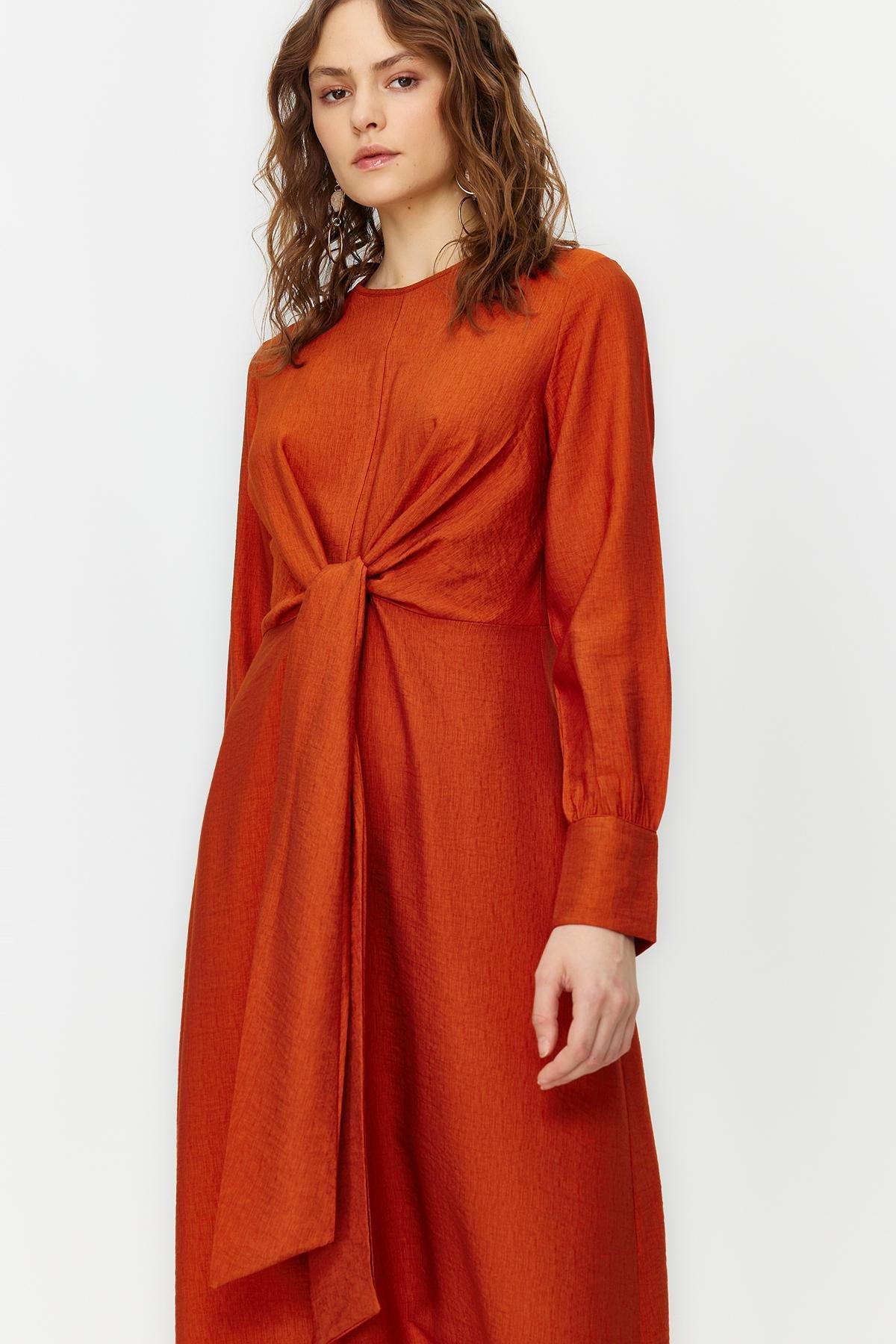 Orange Waist Tie Detail Woven Dress, , large image number 1
