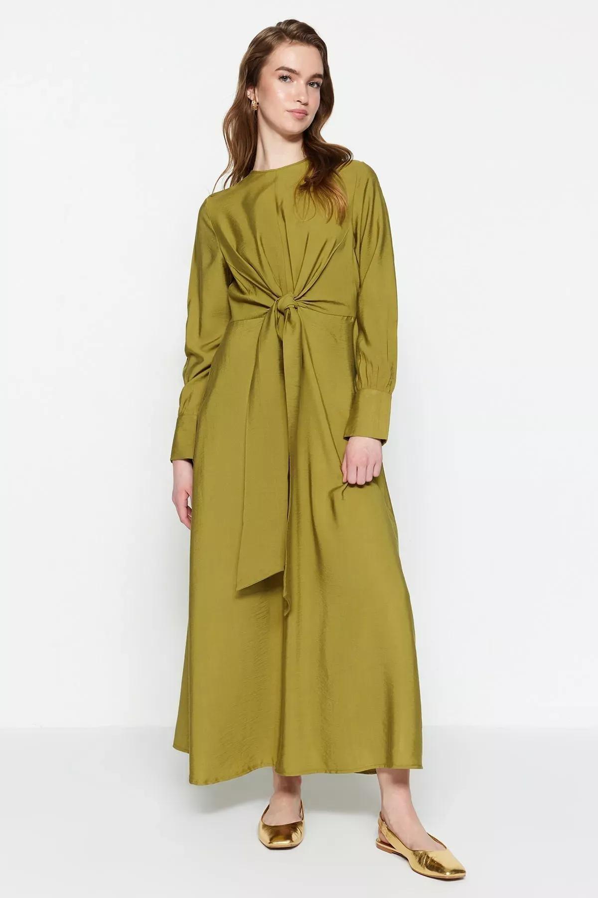 Tie Waist Detailed Dress, Khaki, large image number 1