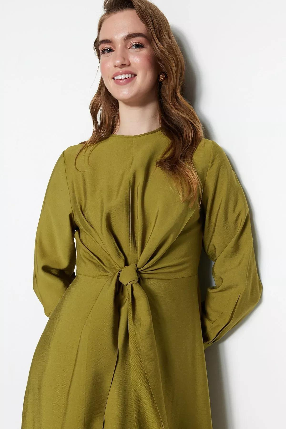 Tie Waist Detailed Dress, Khaki, large image number 2