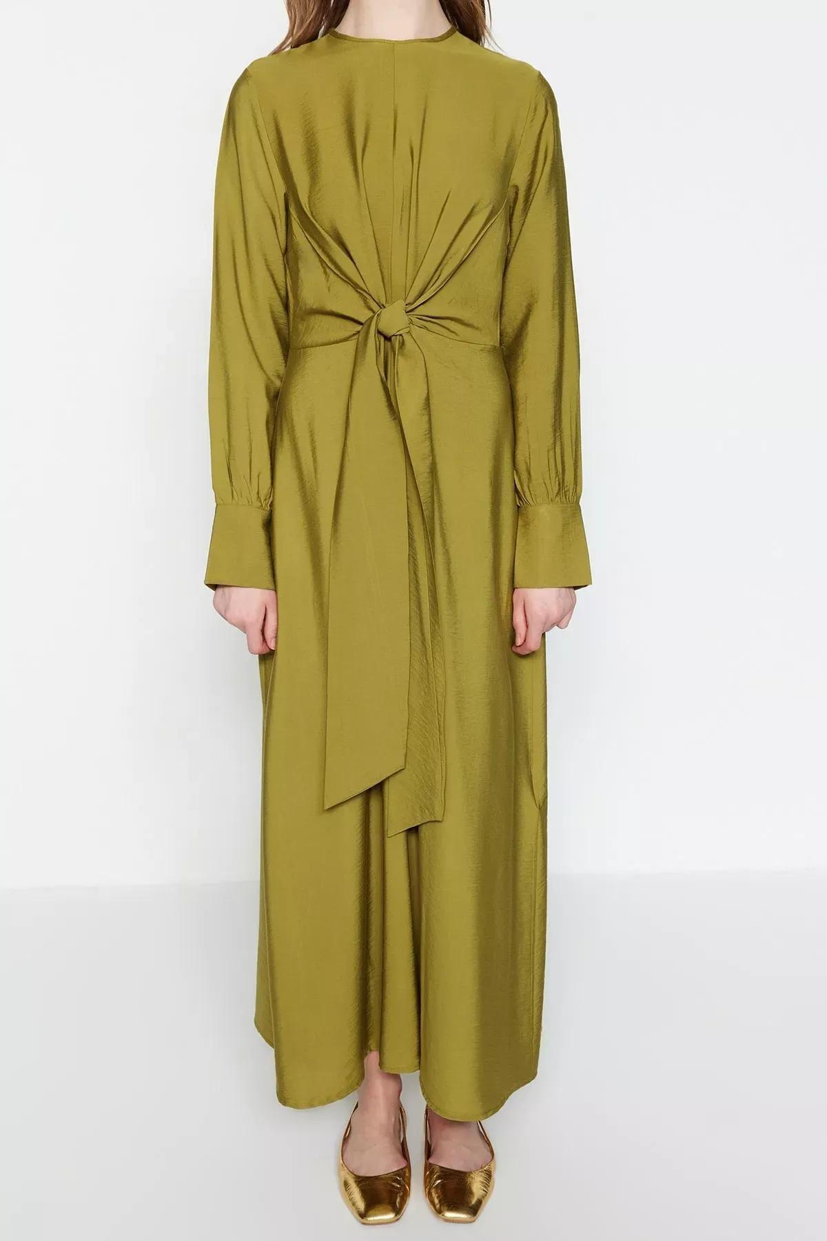 Tie Waist Detailed Dress, Khaki, large image number 4