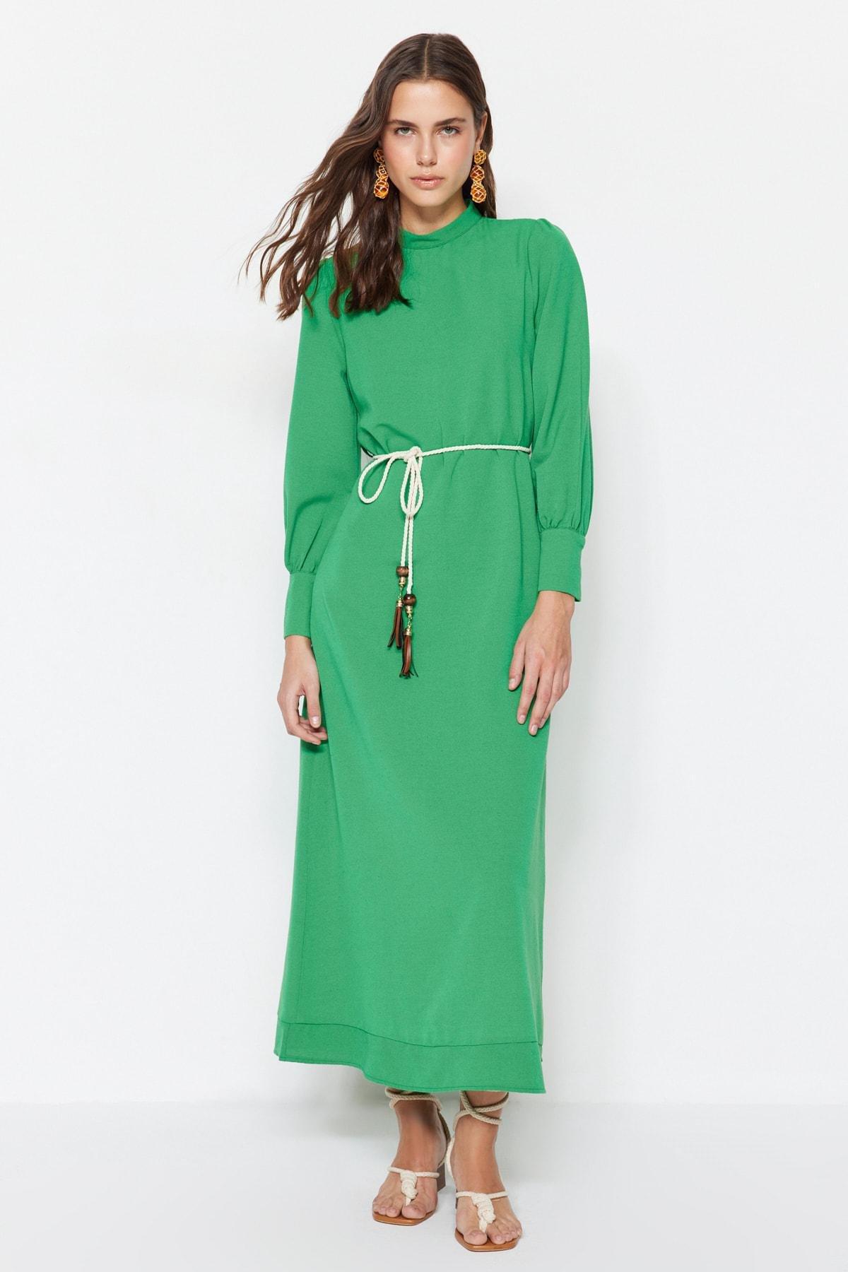 Green Belt Detailed Linen Dress, , medium