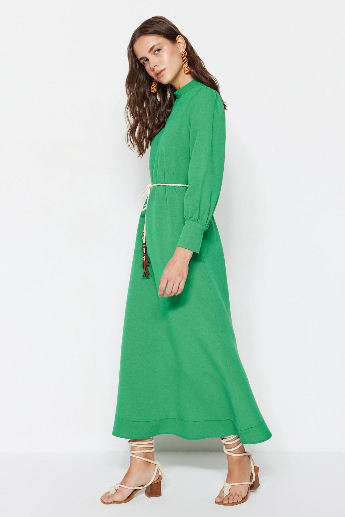 Green Belt Detailed Linen Dress, , large image number 1