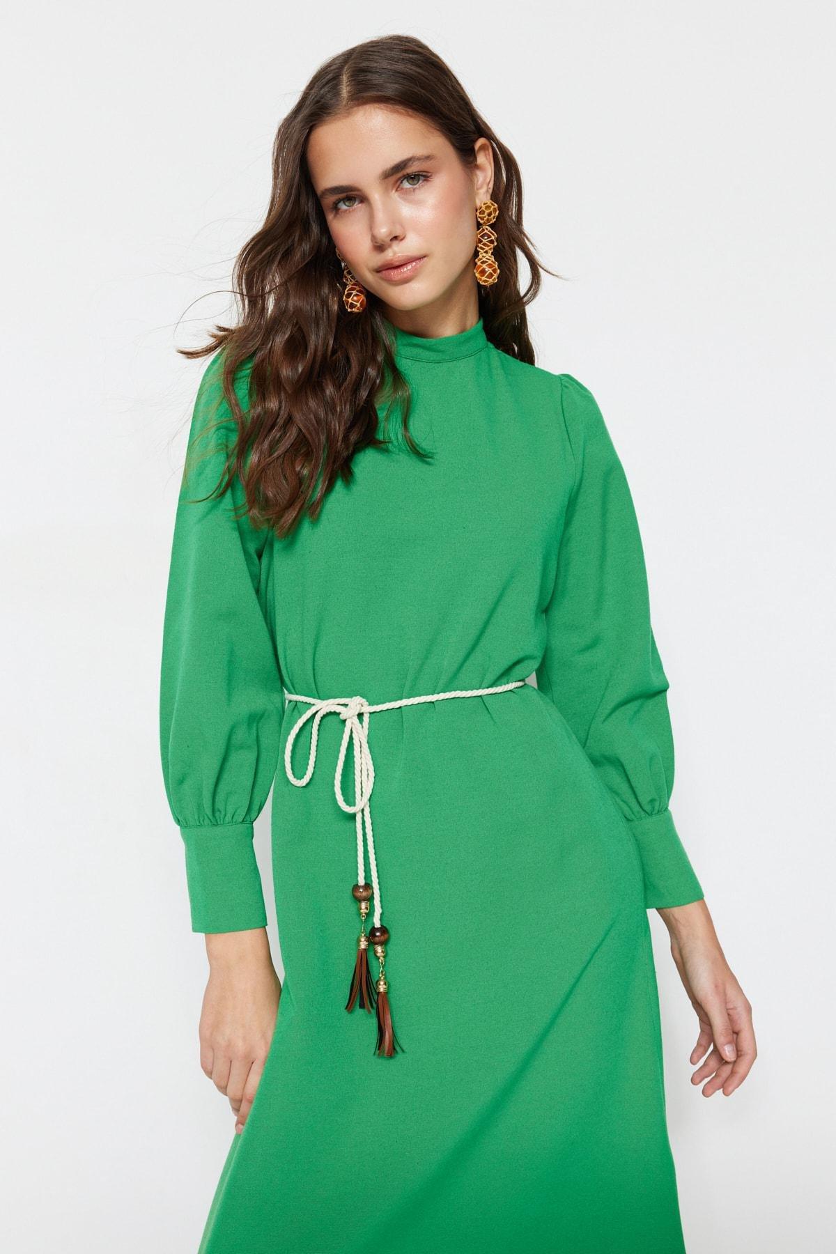 Green Belt Detailed Linen Dress, , large image number 2