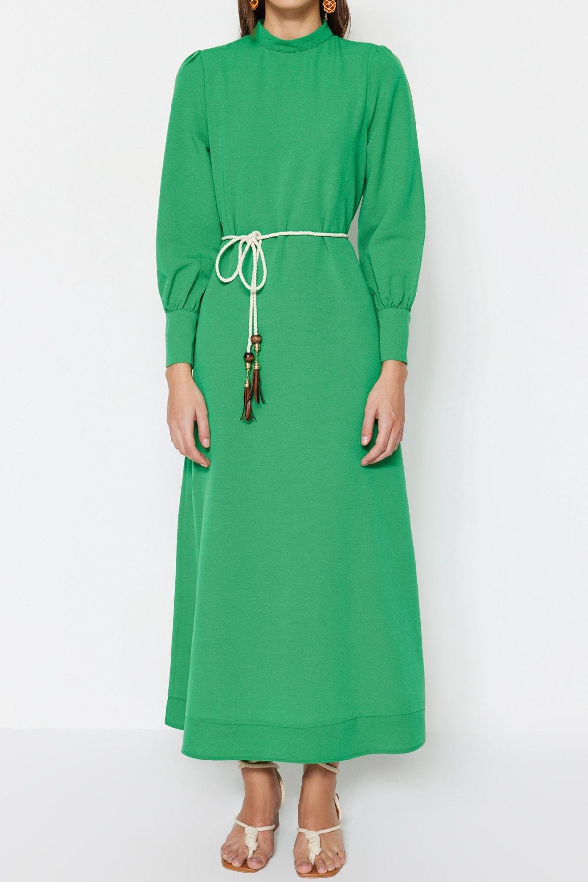 Green Belt Detailed Linen Dress, , large image number 3