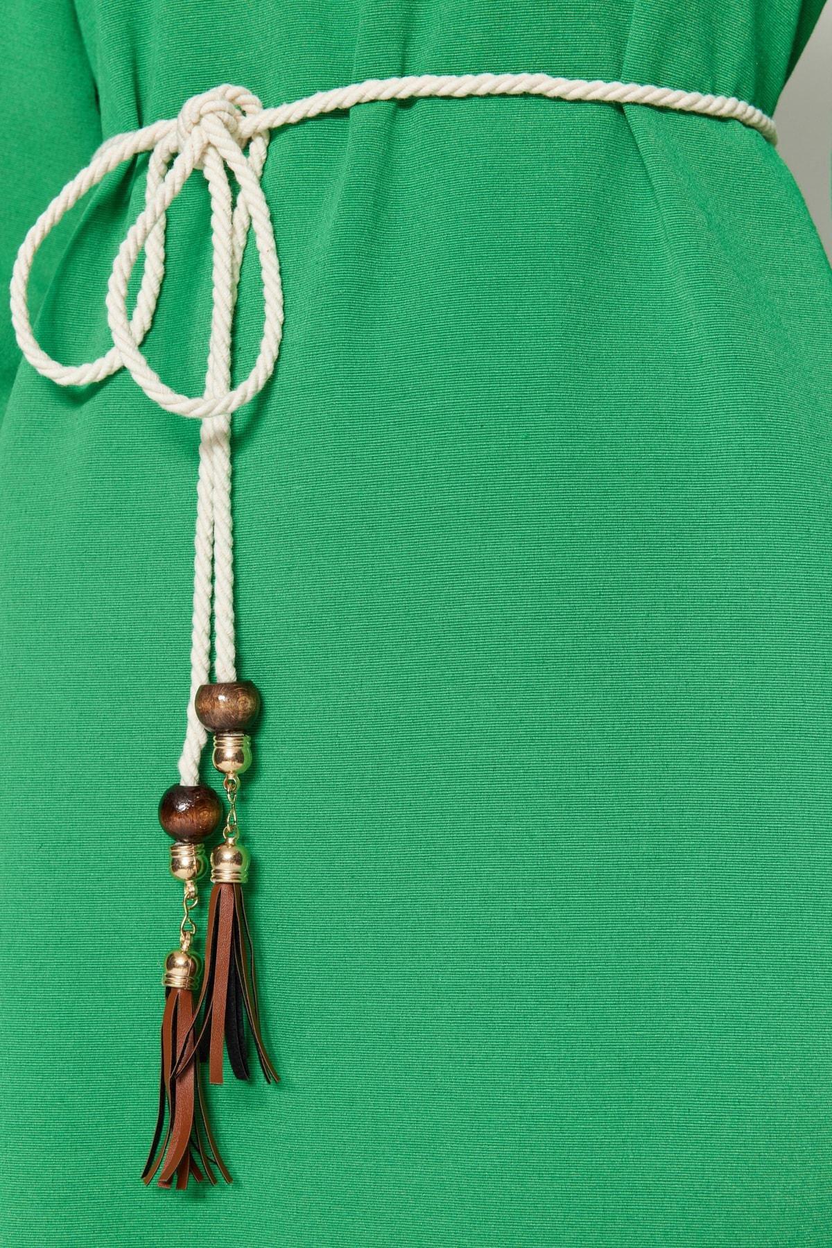 Green Belt Detailed Linen Dress, , large image number 4